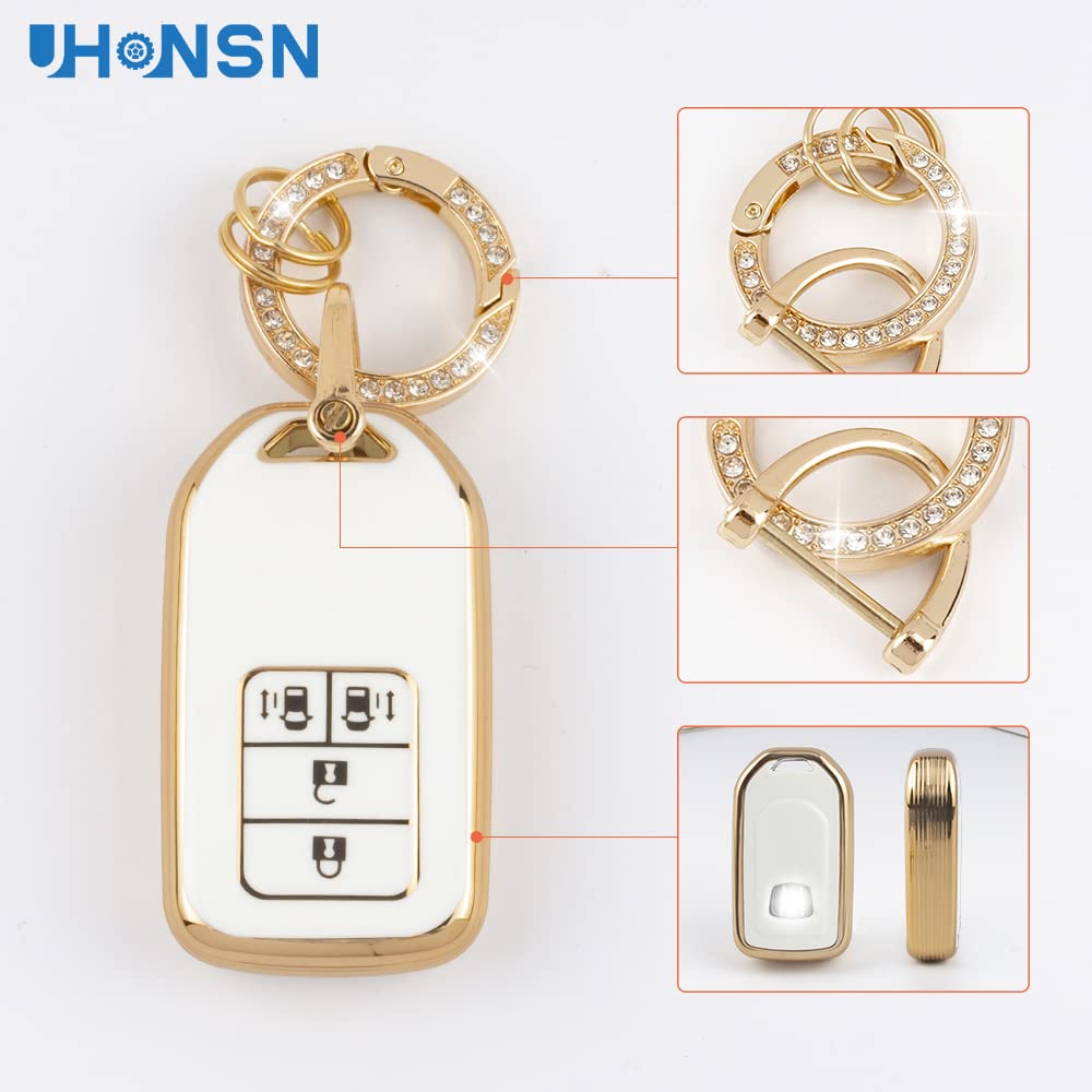 UHONSN Soft TPU Key Fob Cover for Honda Accord Civic CRV Odyssey Pilot - Cute White & Gold Car Key Protector Case Shell with Chain | Durable Accessories for Everyday Use & Gift Giving