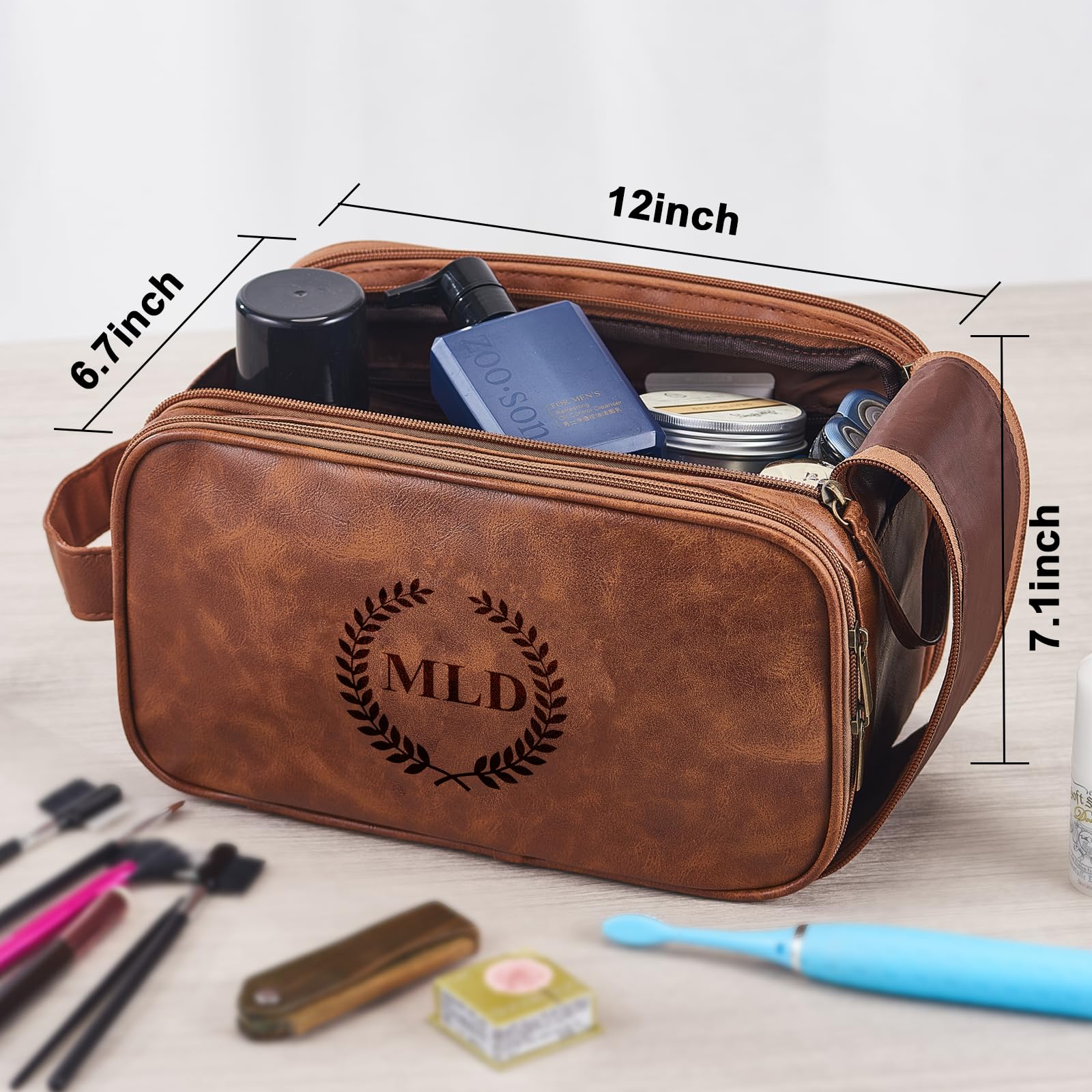 Personalized Leather Toiletry Bag for Men - Large Waterproof Travel Shaving Dopp Kit | PU Leather Cosmetic Organizer | Custom Engraved Groomsmen Gift | Perfect for Business Trips, Camping & Vacation Essentials