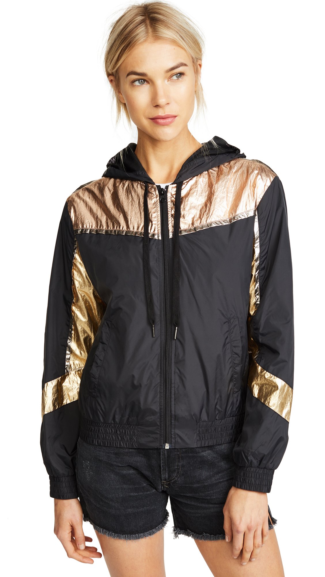 Pam & Gela Women's Colorblock Metallic Nylon Zip Up Hoodie Jacket - Stylish Casual Outerwear for Fall & Winter Fashion