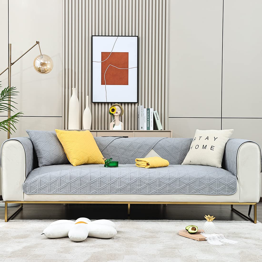 Geometric Embroidery Couch Cover - Cotton Quilted Non-Slip Sofa Slipcover with Triangle Pattern - Solid Color Furniture Protector (Greyish Blue, 28