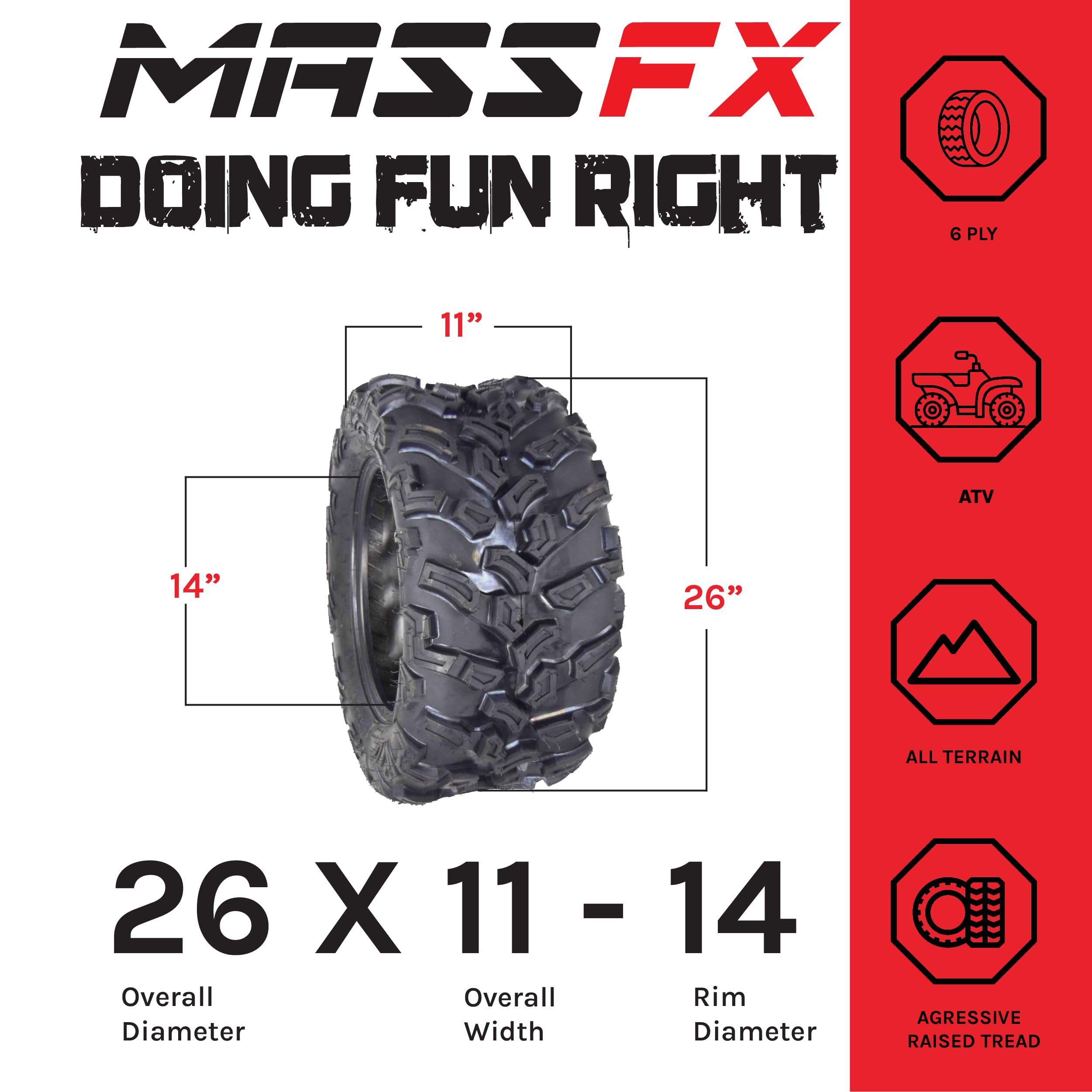 MASSFX SL Off-Road 26x9-14 Front & 26x11-14 Rear ATV/UTV Tires 6-Ply - Heavy Duty All-Terrain Tires for Side by Sides (SxS) - Perfect for Mud, Sand & Trail Riding - Set of 4 (2 Front & 2 Rear)