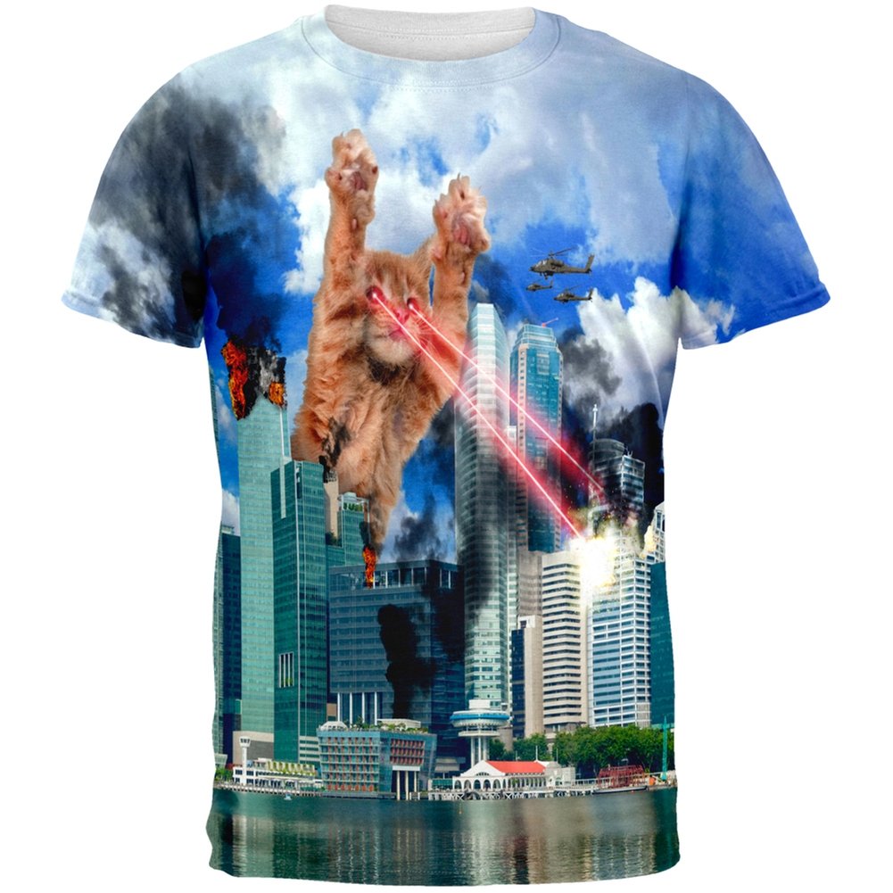 Giant Cat Laser Rampage Destroy All Over Graphic T-Shirt for Men & Women - Funny Cat Lover Tee for Casual Wear & Gifts
