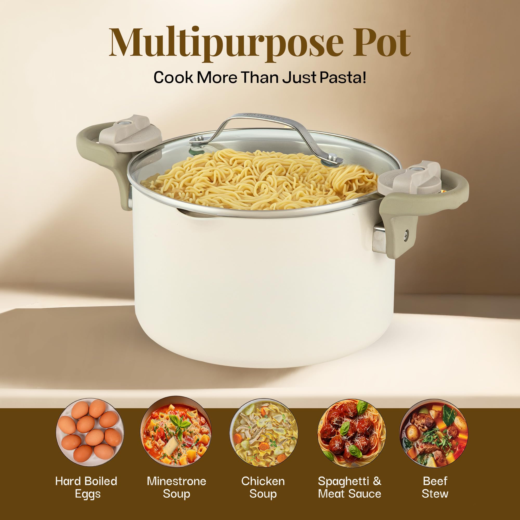 GOTHAM STEEL 5 Quart Ceramic Nonstick Stock Pot with Strainer Lid & Locking Handles - Multipurpose Pasta, Soup, Rice Cooker - Dishwasher Safe Kitchen Cookware (Cream) - Perfect for Family Dinners, Meal Prep & Entertaining