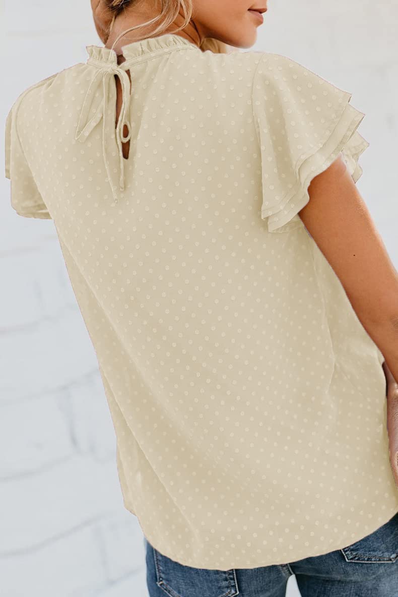 Women's Swiss Dot Crewneck Blouse with Lace Crochet & Ruffle Sleeves - Elegant Pom Pom Flowy Top for Casual Wear, Office & Date Night