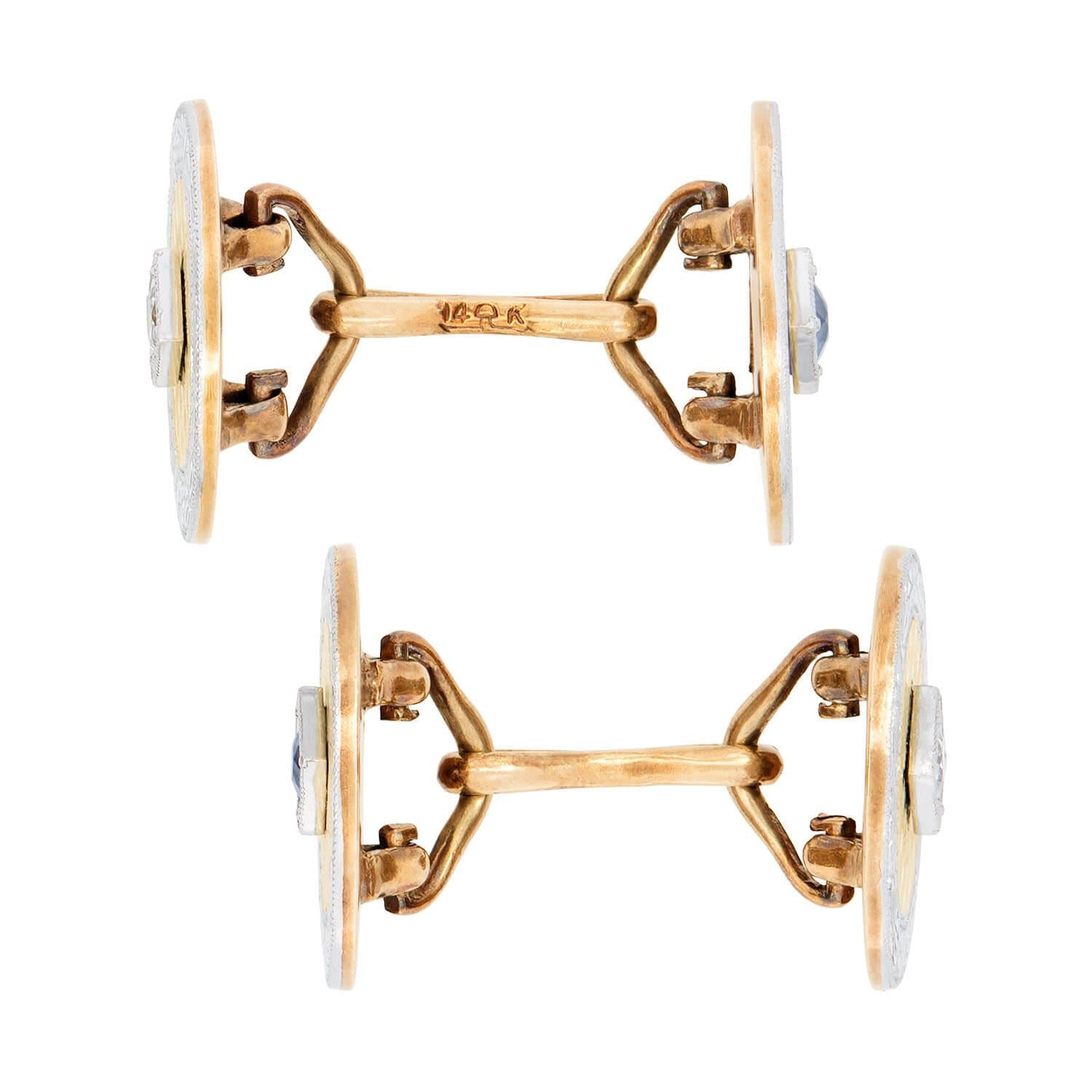 RIKER BROS Victorian Style 14k Gold & Platinum Diamond & Topaz Cufflinks for Men - Luxury Wedding, Formal Attire & Business Gifts