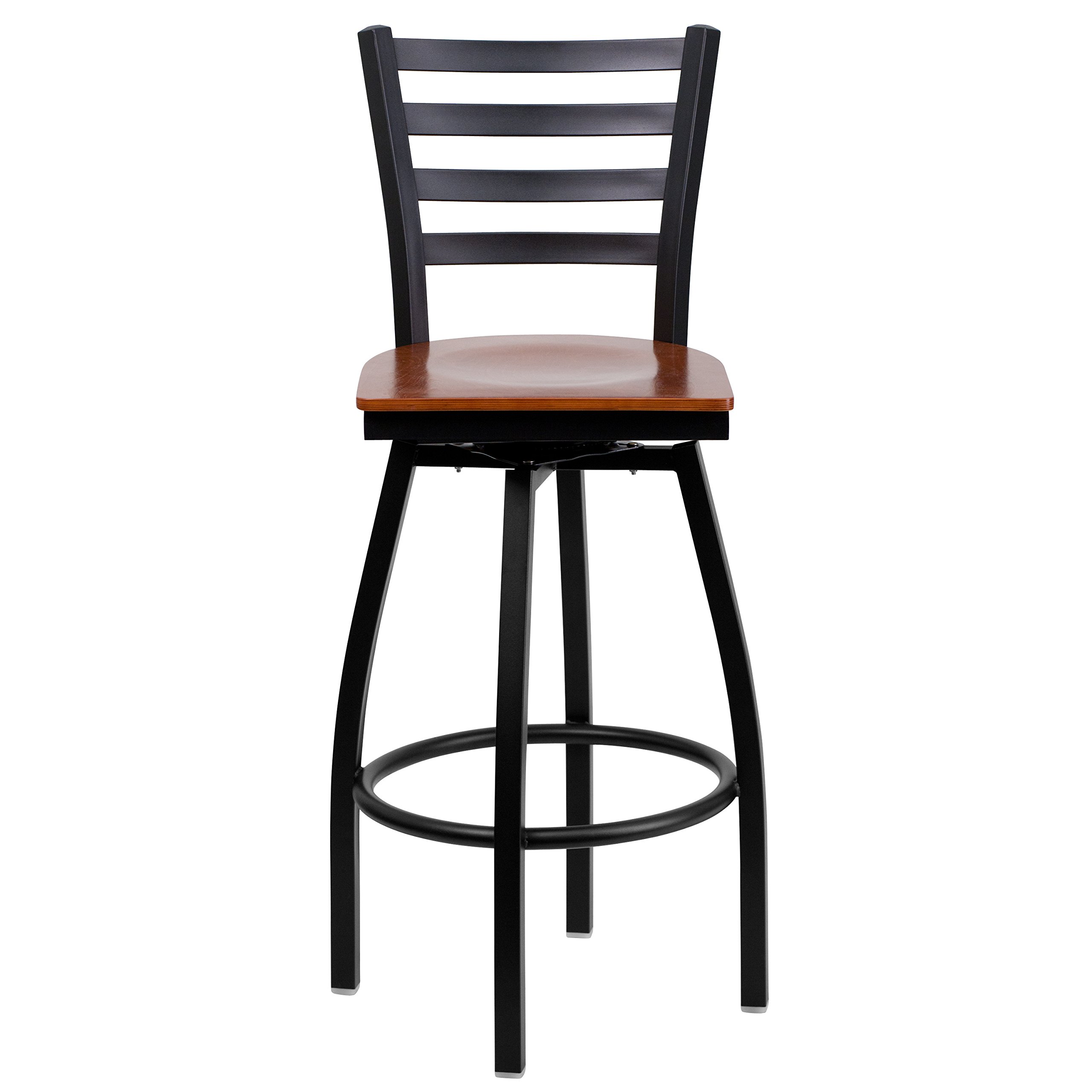Black Metal Ladder Back Swivel Bar Stool with Cherry Wood Seat - Modern Kitchen Island & Home Bar Stool for Dining & Entertainment Areas