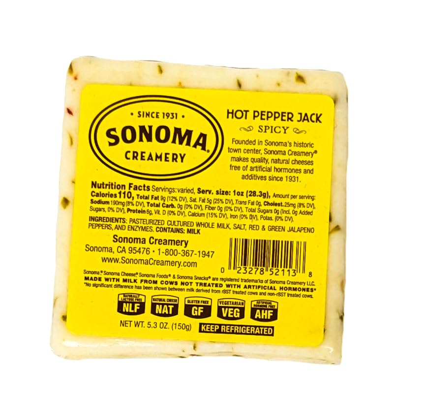 Sonoma Hot Pepper Jack Cheese 5.3 oz - Spicy Jalapeño Flavored Snack for Sandwiches, Burgers & Nachos - Perfect for Parties & Game Nights