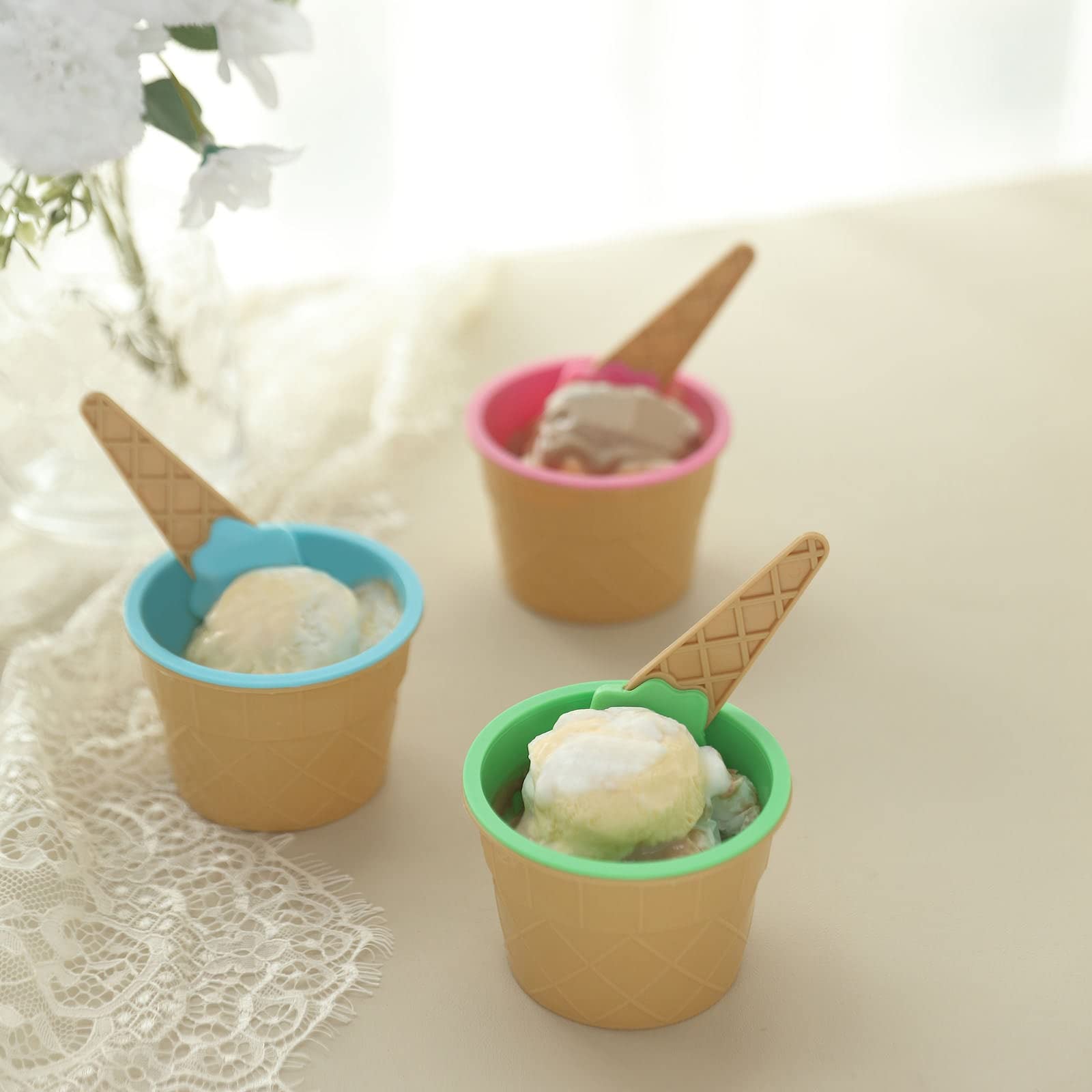 Efavormart Set of 6 Reusable Ice Cream Cone Bowls with Waffle Design Spoons - Colorful Dessert Cups in Blue, Green, Pink | Perfect for Parties, Ice Cream Shops & Summer Treats