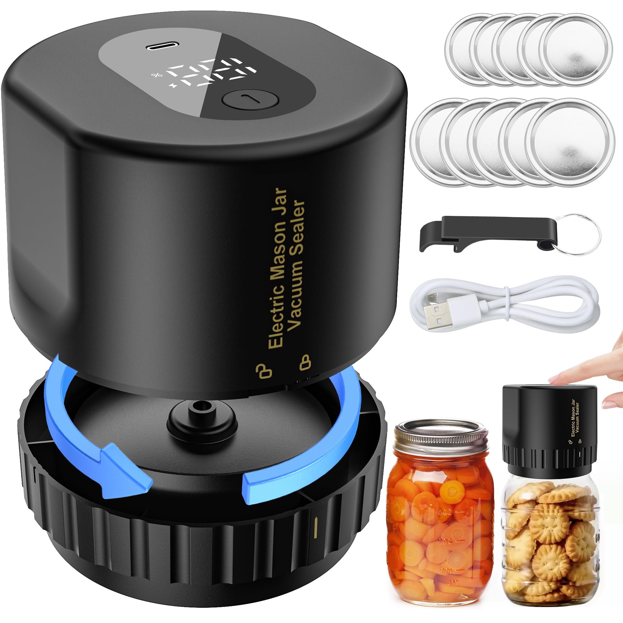 2025 Upgraded M13 Auto Electric Mason Jar Vacuum Sealer - Smart Wide & Regular Mouth Canning Jar Lid Sealer - Portable Food Preservation System for Home, Kitchen & Camping - Perfect for Meal Prep, Sous Vide & Long-Term Food Storage
