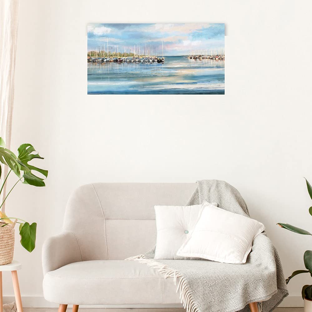 Blue Harbor Fine Art Canvas Wall Decor - Hand Painted Ocean Seascape Painting for Living Room, Bedroom, Office - Ready to Hang 40x21 Inches - Perfect for Coastal & Nautical Home Decor