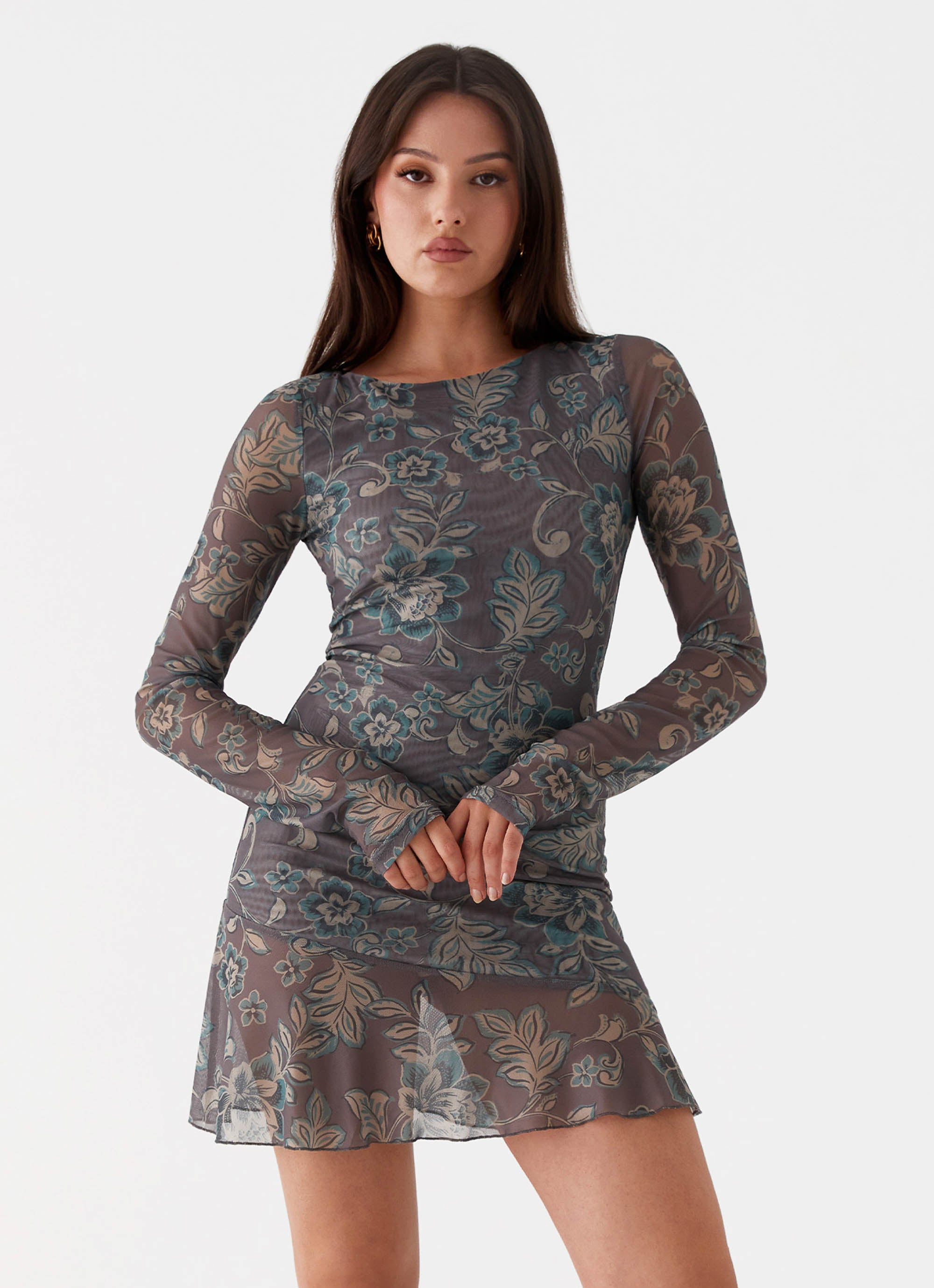Elegant Ines Long Sleeve Mini Dress - Brown Floral Print Women's Party Dress for Cocktail, Wedding & Date Night