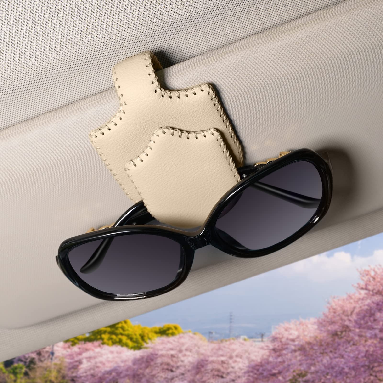 Premium Leather Car Sunglass Holder - Universal Magnetic Eyeglass & Ticket Clip for Car Visor Accessories (Beige) | Perfect for Road Trips, Commuting & Daily Driving