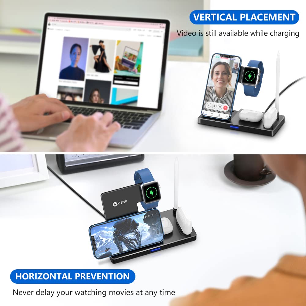WAITIEE 5-in-1 Wireless Charging Station - Fast Qi Charger Dock for iPhone 13/12/11 Series, Apple Watch SE/7/6/5/4/3/2, AirPods Pro/3/2/1 & Apple Pencil | Compact Multi-Device Charging Stand for Home, Office & Travel (Black)