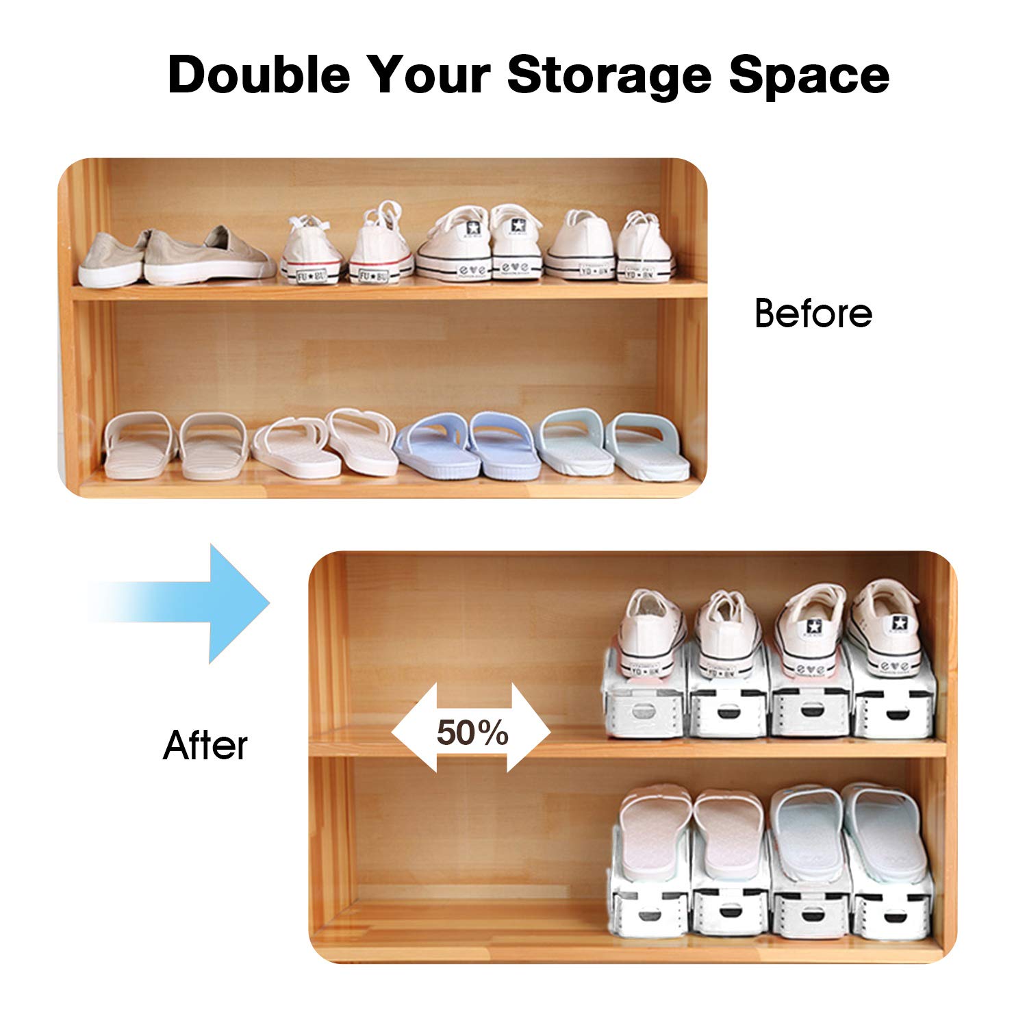 Neprock Adjustable Shoe Rack Organizer - 20-Pack White Double Deck Shoe Stacker for Closet Storage, Space Saving Shoe Holder - Perfect for Bedroom, Entryway, and Closet Organization