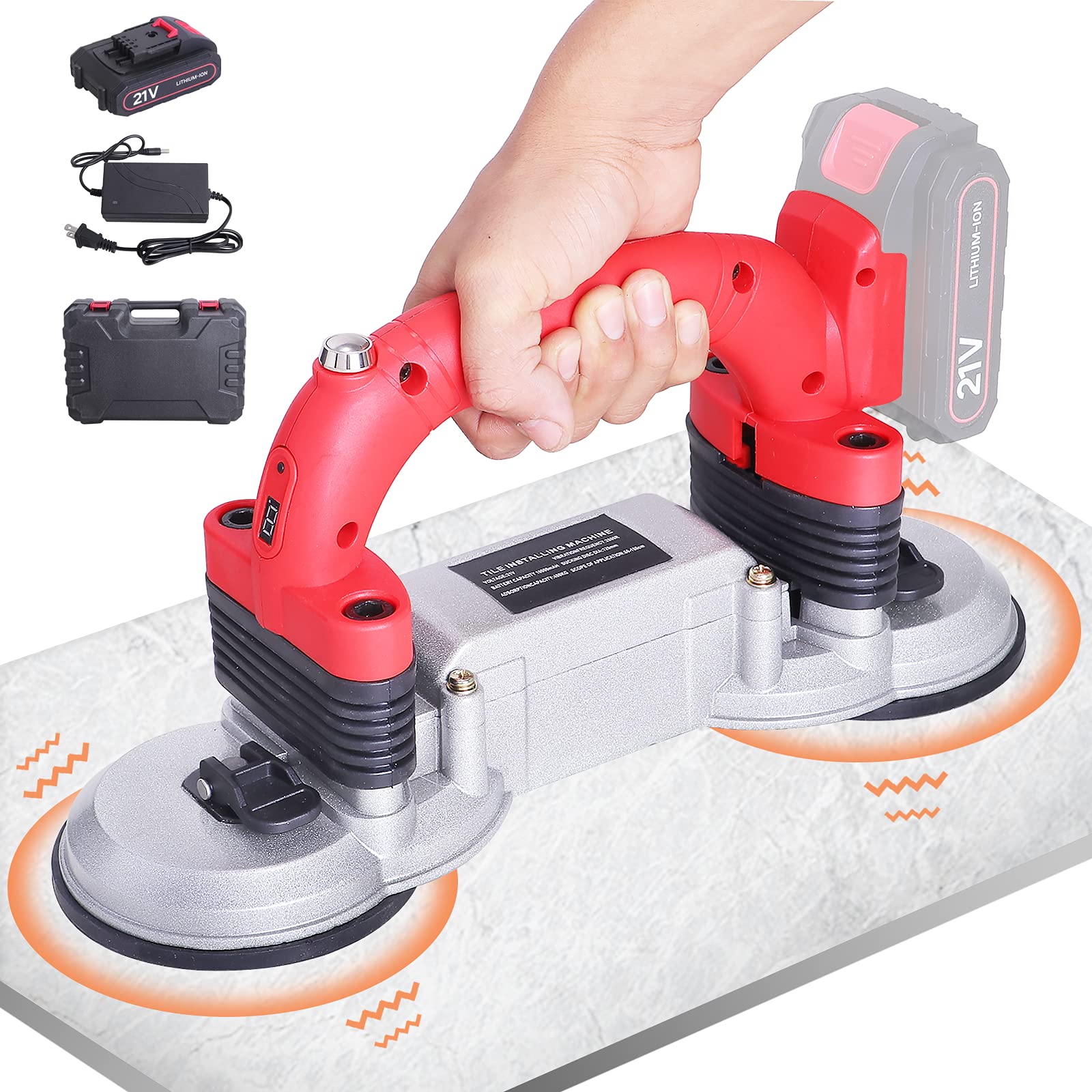 **YJINGRUI 12,000VPM Tile Vibrator - 21V 2000mAh Cordless Tile Leveling Machine with 6-Speed Adjustments & Double Suction Cups - Upgraded Lock Button for Precise Tile Installation (1 Battery Included) - Perfect for DIY Home Renovation & Professional Tiling Projects**