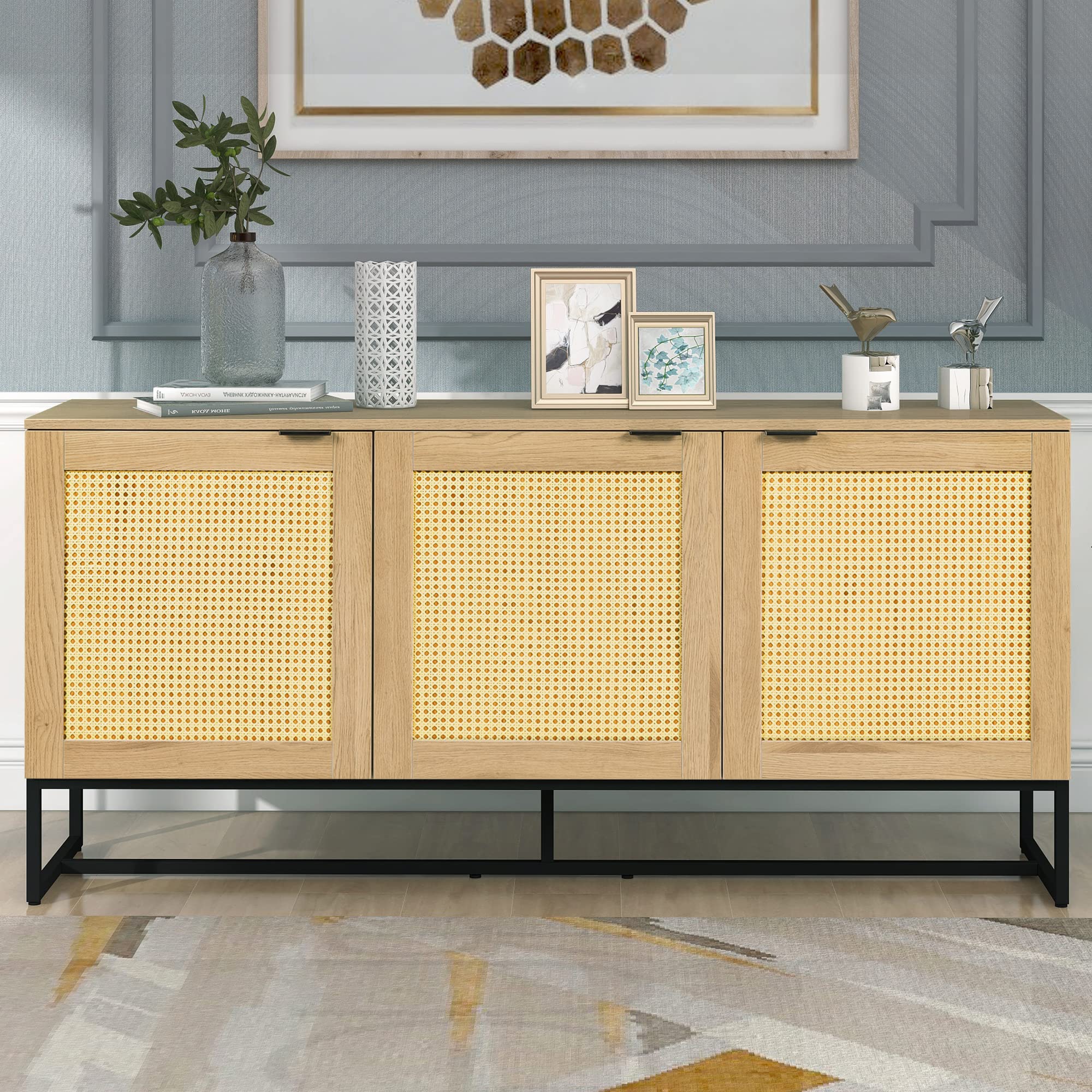 Modern Rattan Buffet Sideboard Cabinet with Natural Rattan Doors - Wood Entryway Console Table & Storage Cabinet for Living Room, Dining Room - Perfect for Home Decor, Storage & Serving (Brown)