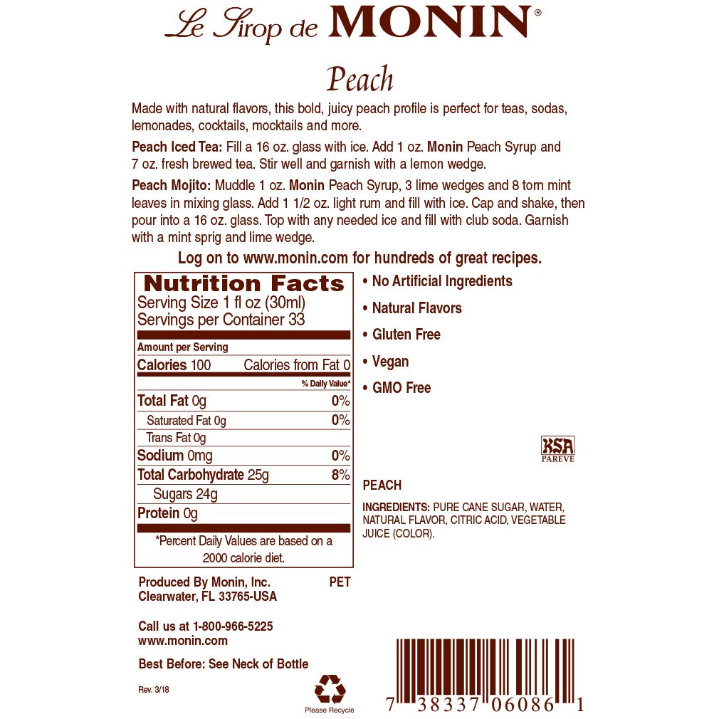 Monin Peach Syrup - 1 Liter, 2-Pack | Fresh & Juicy Non-GMO Gluten-Free Flavoring for Iced Tea, Lemonade, Soda, Cocktails & Mocktails | Perfect for Summer Drinks, Coffee Shops & Home Bars