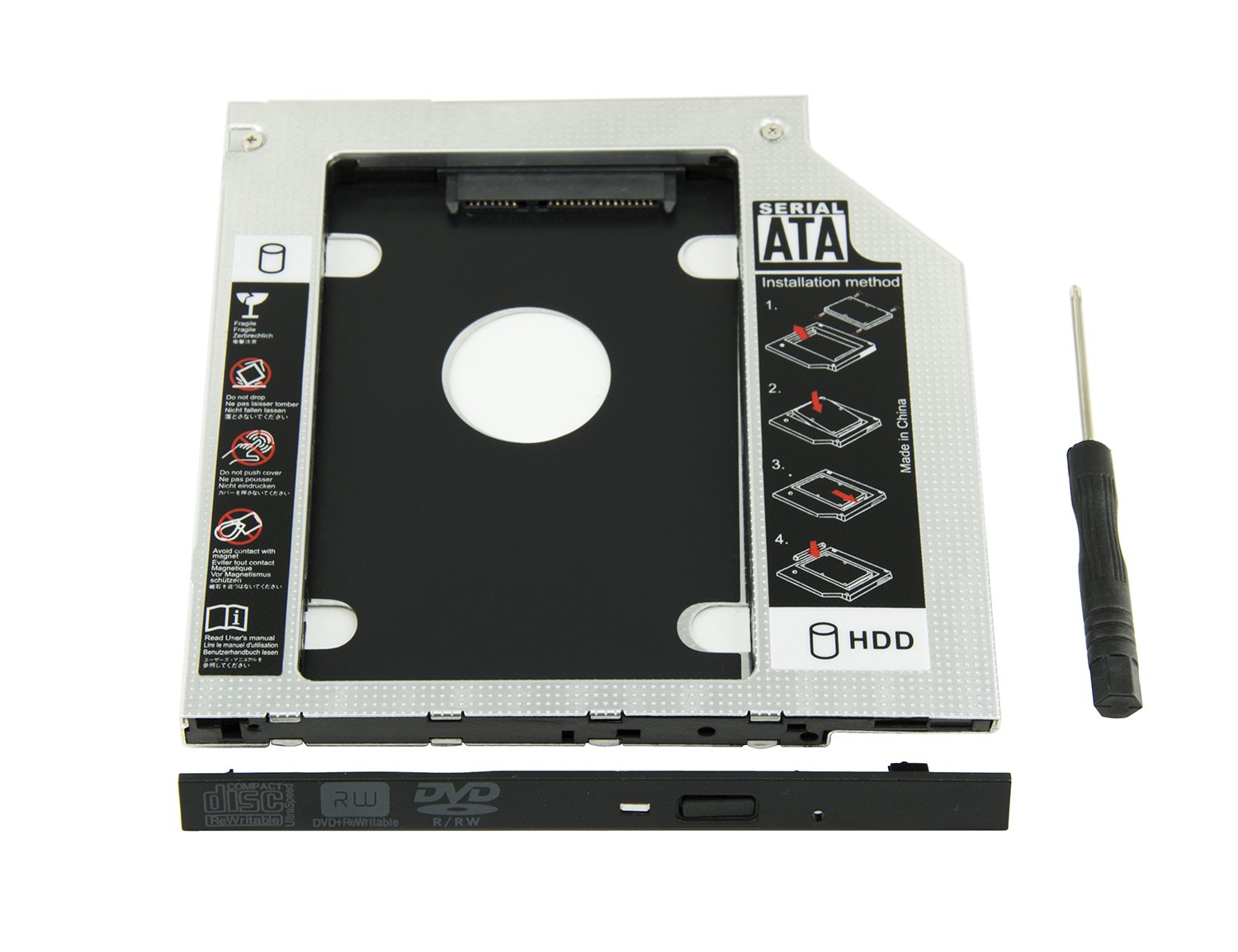 HighFine Universal 9.5mm SATA to SATA 2nd SSD HDD Hard Drive Caddy Adapter Tray - Compatible with Dell, HP, Lenovo ThinkPad, Acer, Gateway, ASUS, Sony, Samsung, MSI Laptops - Upgrade Storage for Faster Performance & Extra Space