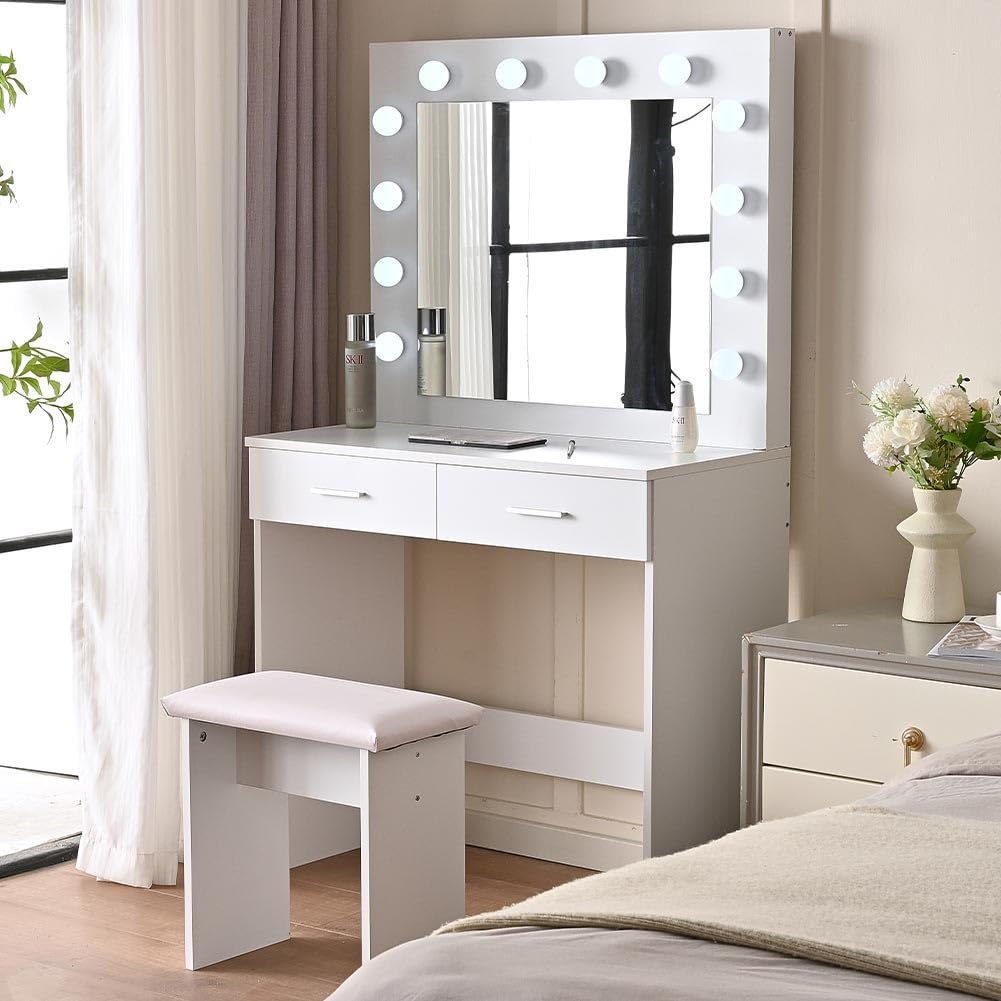 Shally Dogan Makeup Vanity Set with Stool - Ophelia Model with 12 LED Lights, Wooden White Dressing Table with Mirror & Drawers, Padded Comfortable Seat, Cold & Warm Lighting - Perfect for Bedroom Makeup Station, Beauty Room Decor, Bridal Dressing Area
