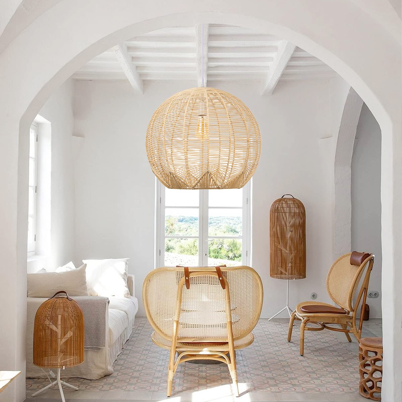 WalmHomie Handwoven Rattan Pendant Light - Natural Wicker Chandelier for Kitchen Island, Dining Room & Coffee Bar | Boho Ceiling Hanging Fixture for Farmhouse & Modern Decor