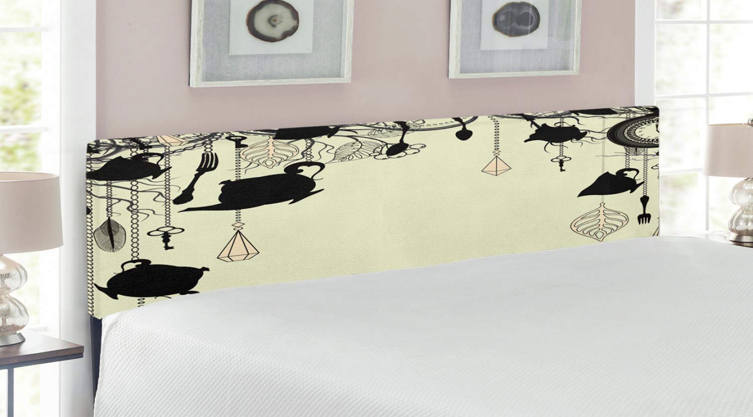Ambesonne Vintage Tea Party Metal Headboard - King Size Upholstered Bed Frame with Memory Foam, Antique Diamond Forks Spoons & Tree Branch Design in Avocado Green & Black | Perfect for Victorian, Shabby Chic or Retro Bedroom Decor