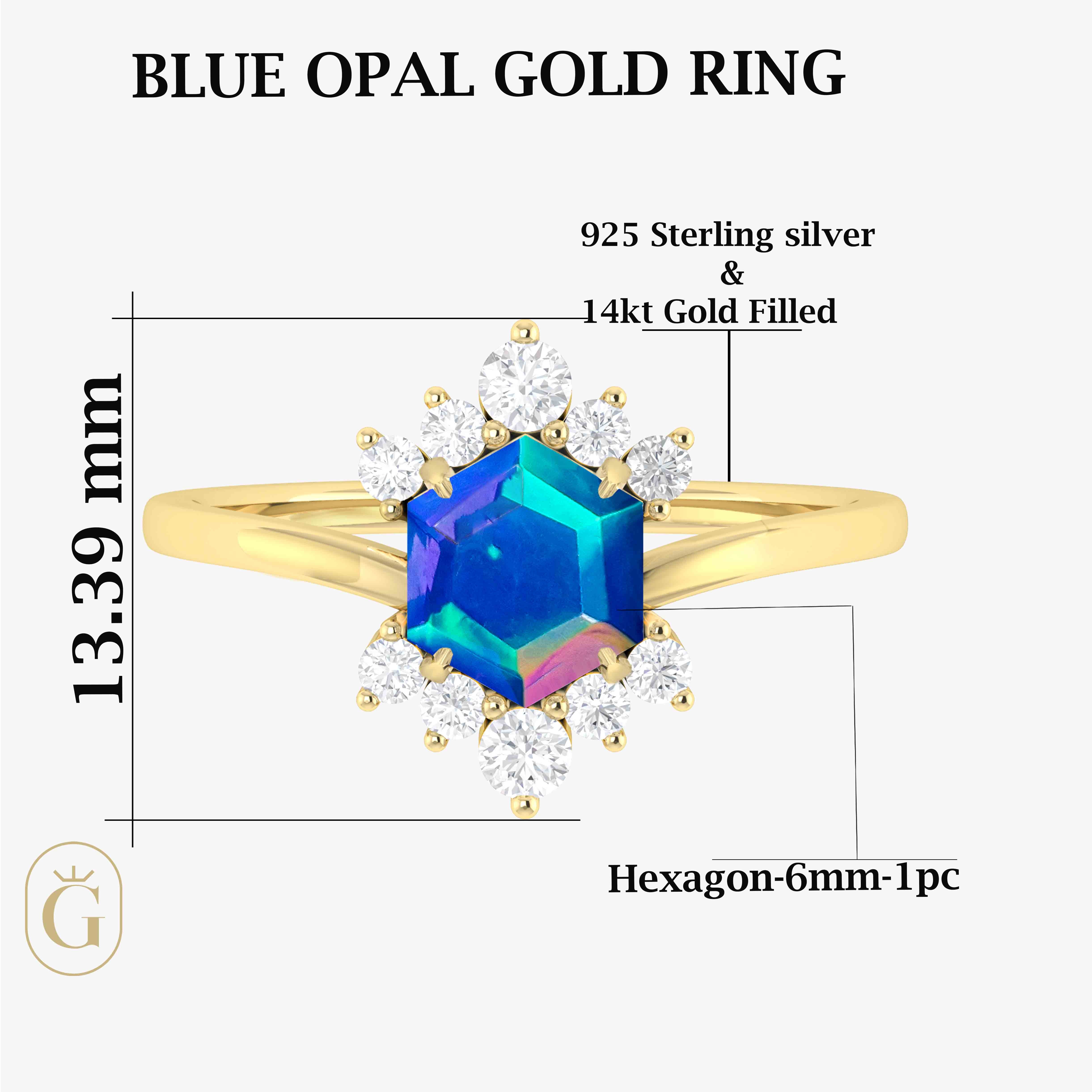 Natural Blue Opal Hexagon Gemstone Ring for Women - Handmade Sterling Silver Boho Jewelry - Perfect for Weddings, Parties & Everyday Wear