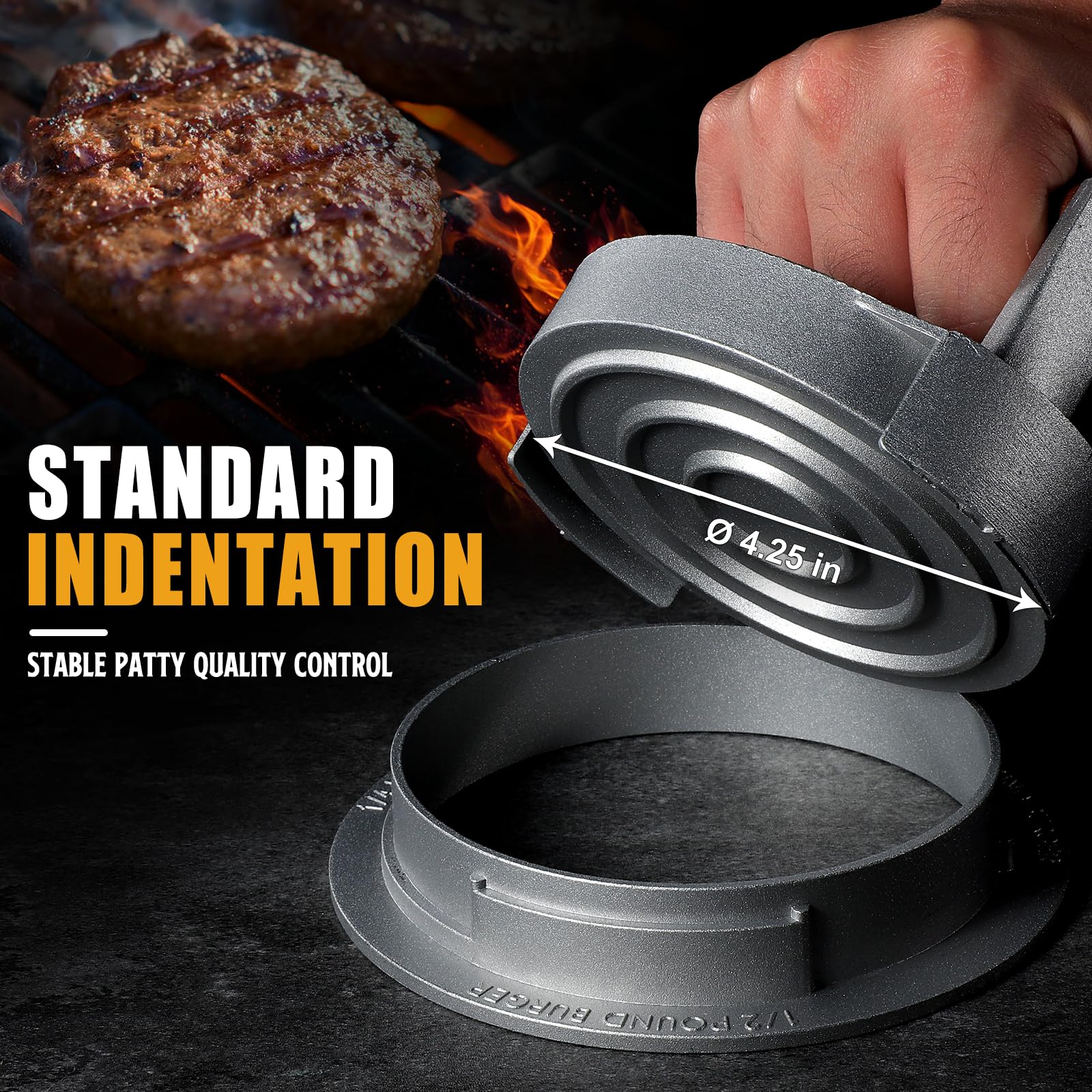 Premium Adjustable Hamburger Press Patty Maker - 3-in-1 Cast Aluminum Burger Shaper Mold for 1/2 lb, 1/3 lb & 1/4 lb Patties - Includes Stuffed Burger Ring & Sausage Slider - Perfect for BBQ, Backyard Grilling & Homemade Burgers - Great Gift for Dad & Mom