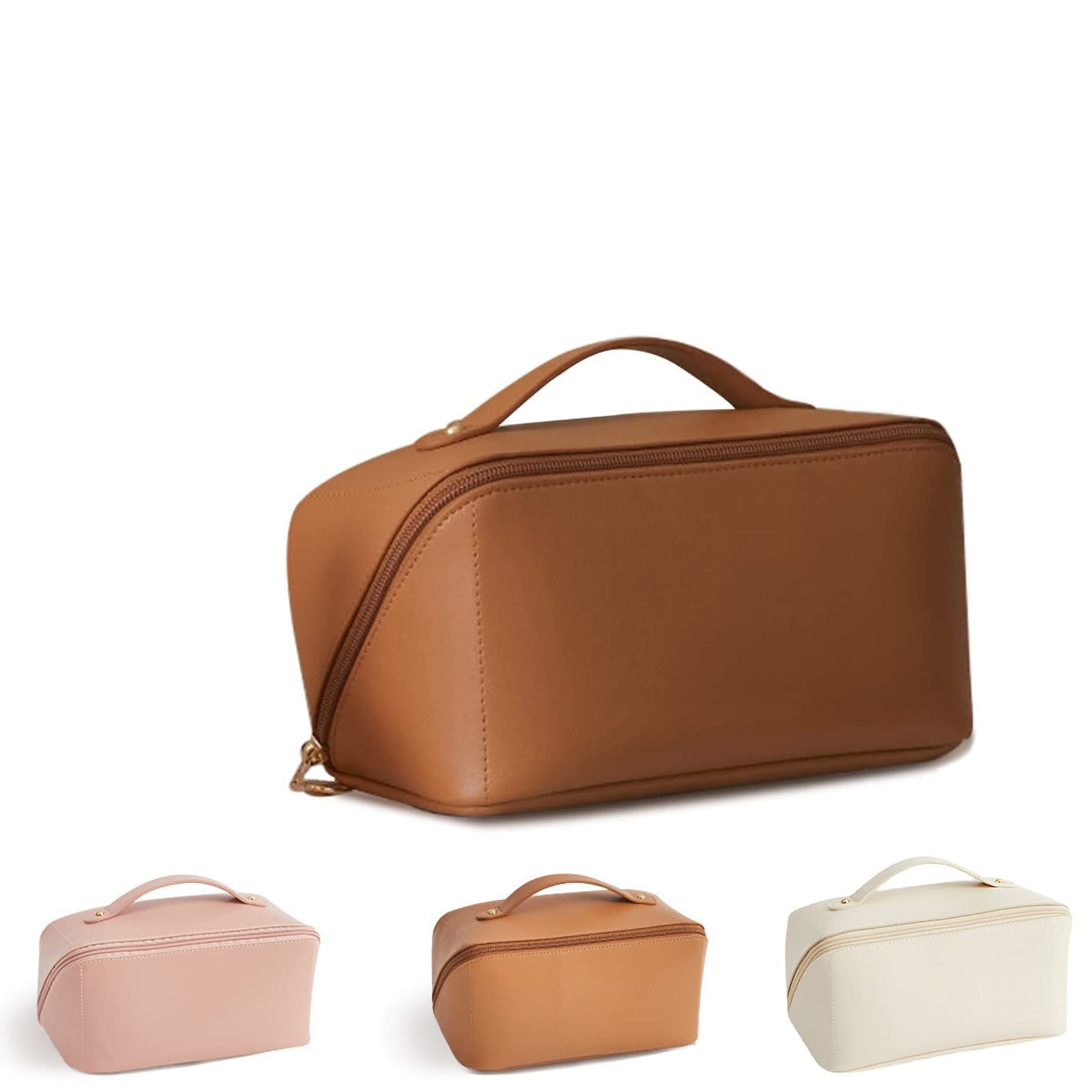 Premium Large-Capacity Leather Travel Cosmetic Bag - Waterproof Makeup Organizer with Handle, Brush Slots & Dividers for Skincare & Toiletries | Perfect for Vacation, Gym & Business Trips (Brown)