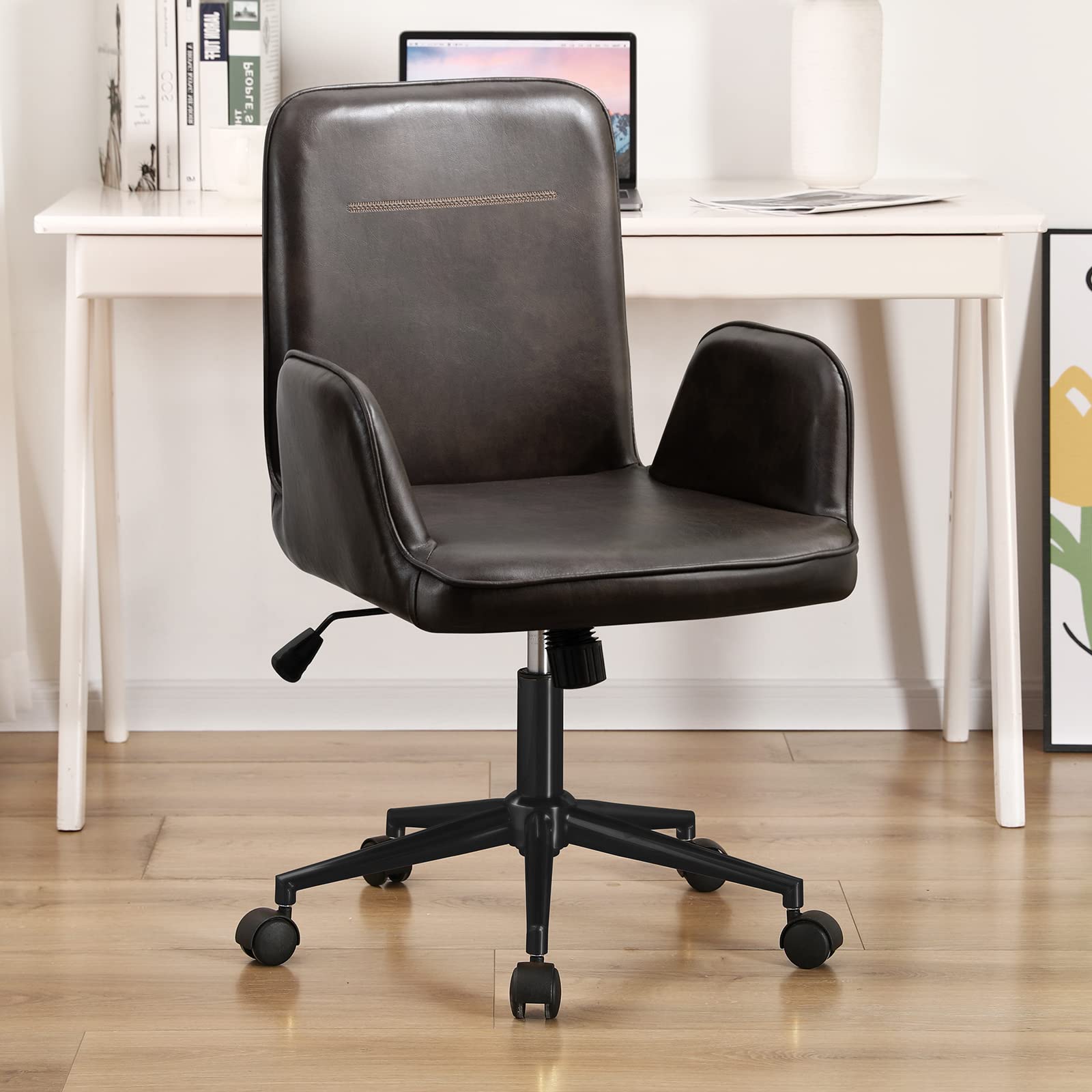 Furnimart PU Leather Home Office Desk Chair - Swivel Ergonomic Task Chair with Black Base, Height Adjustable & Wheels for Living Room, Study, Bedroom (Black/Brown) - Perfect for Work from Home, Gaming & Study Sessions
