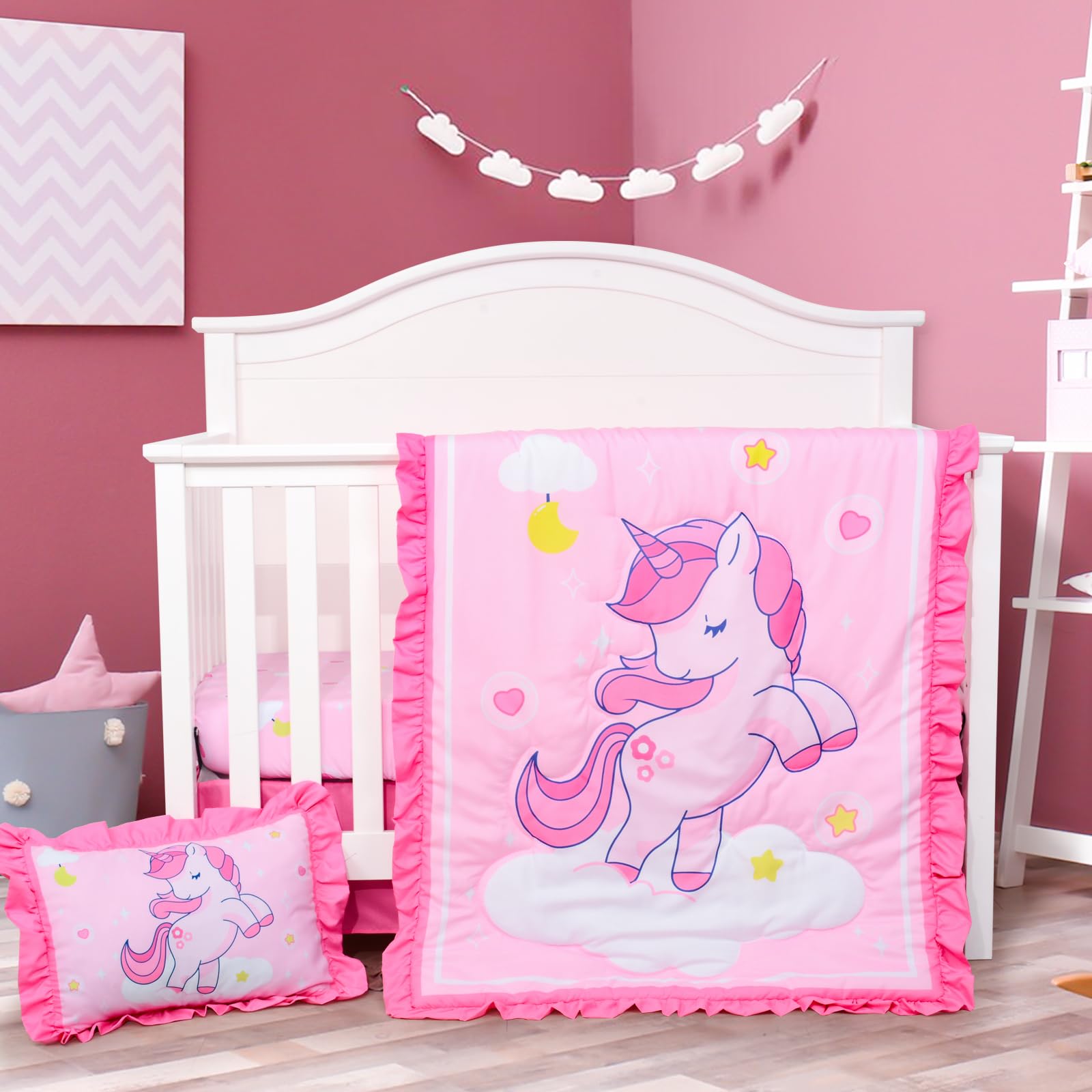 UOMNY 4-Piece Unicorn Crib Bedding Set for Baby Girls - Soft Comforter, Fitted Sheet, Crib Skirt & Pillowcase - Perfect for Nursery Decor & Newborn Gifts | Ideal for Baby Showers, Birthdays & Nursery Themes