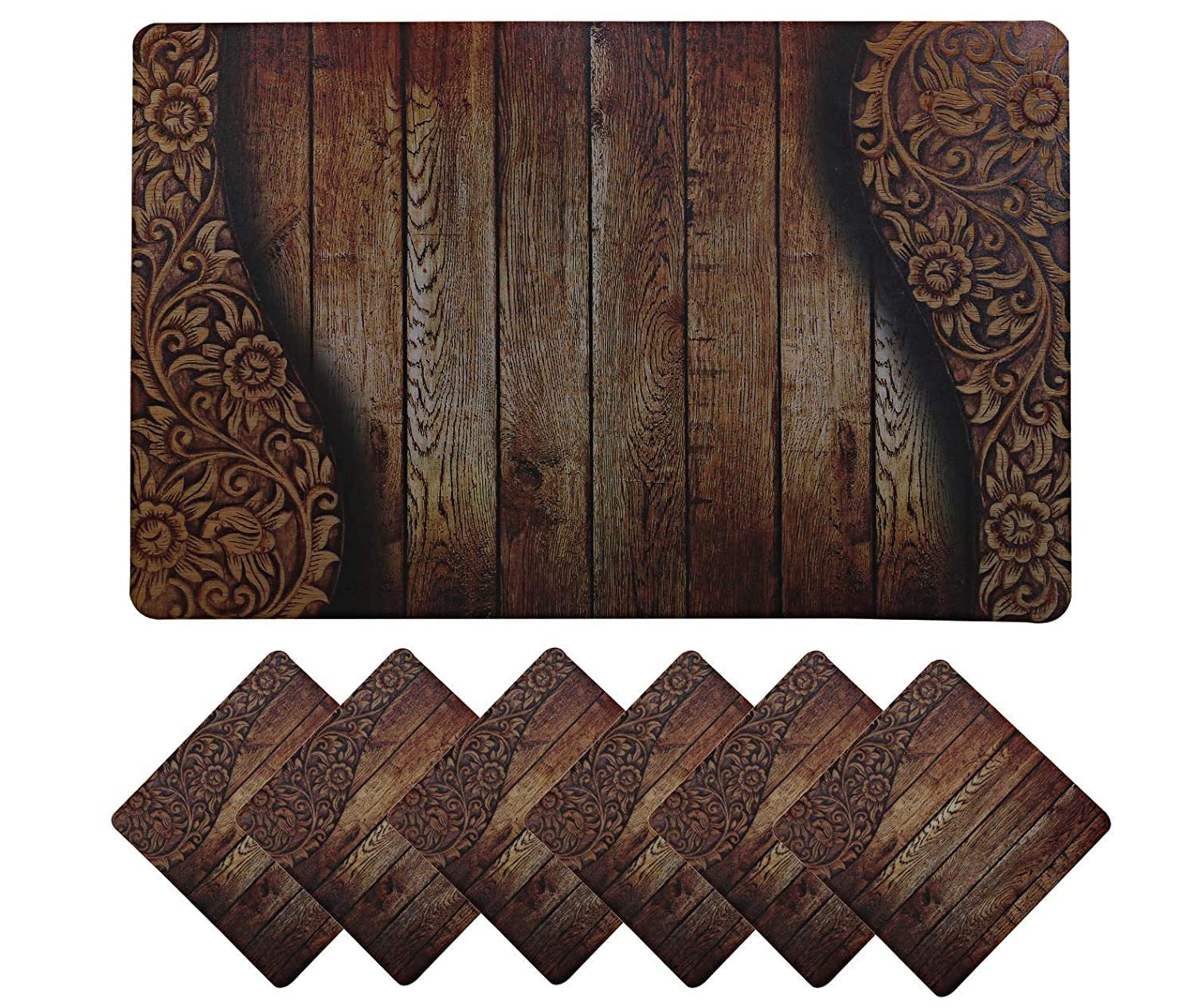 Premium 6-Piece Wooden Design PVC Dining Table Placemat Set with Tea Coasters - Brown (CTKTC032180) | Elegant Table Setting for Home, Restaurant & Dinner Parties
