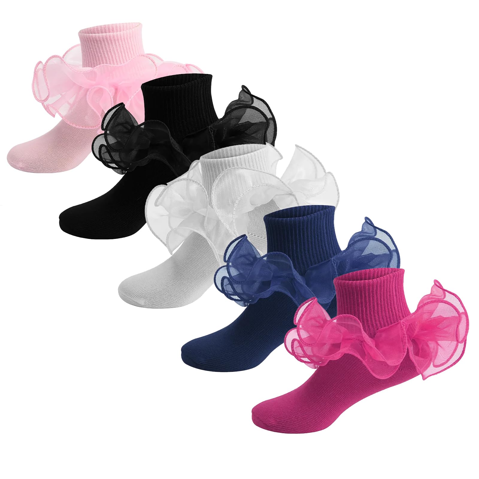 5 Pairs Girls Fluffy Ruffled Edge Princess Dress Socks - Lace Dance Socks for Ballet, Party & Special Occasions