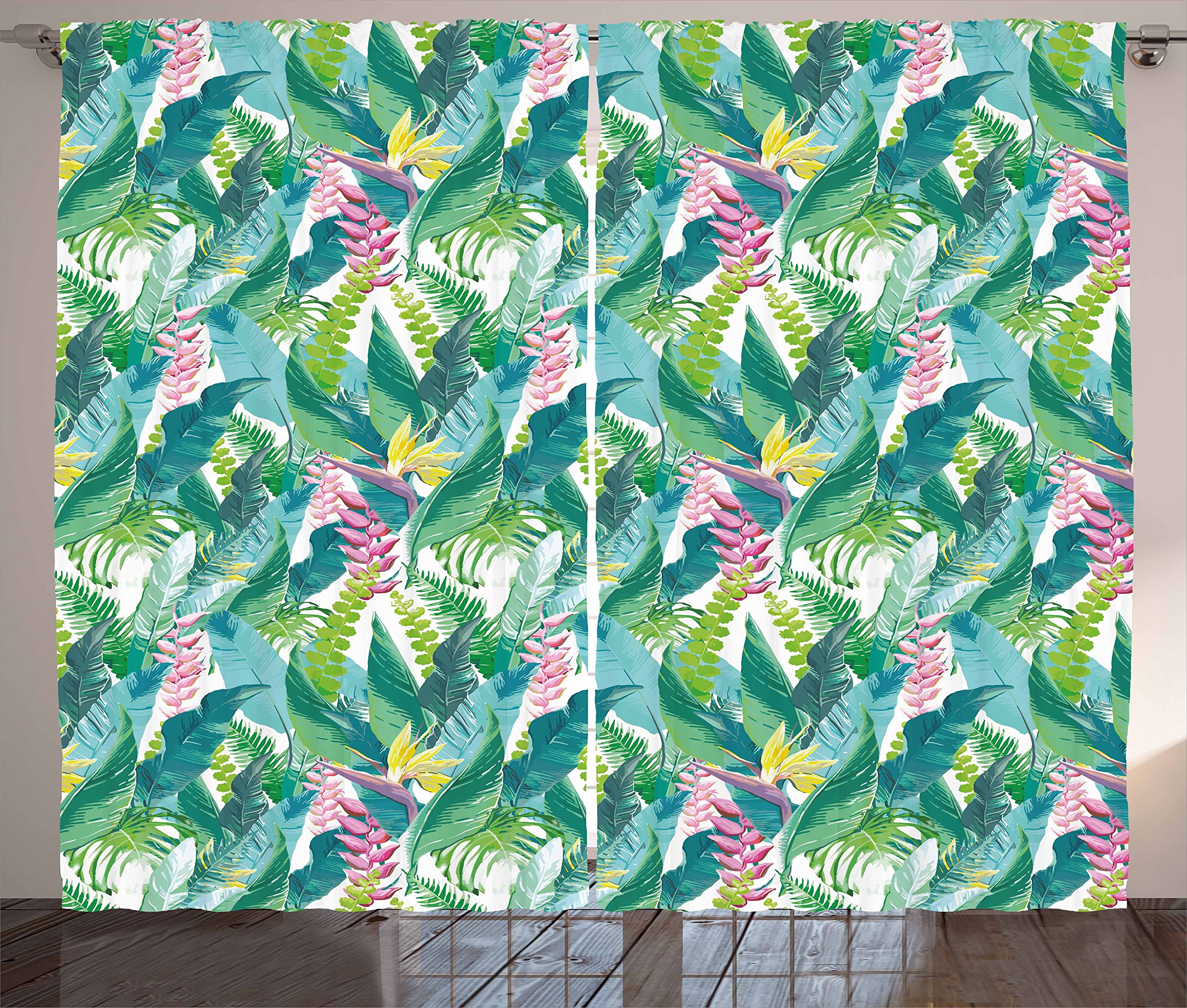 Ambesonne Watercolor Curtains - Tropical Jungle Leaves Print, Hawaiian Inspired Green Pink White Window Drapes for Living Room & Bedroom, 2 Panel Set 108