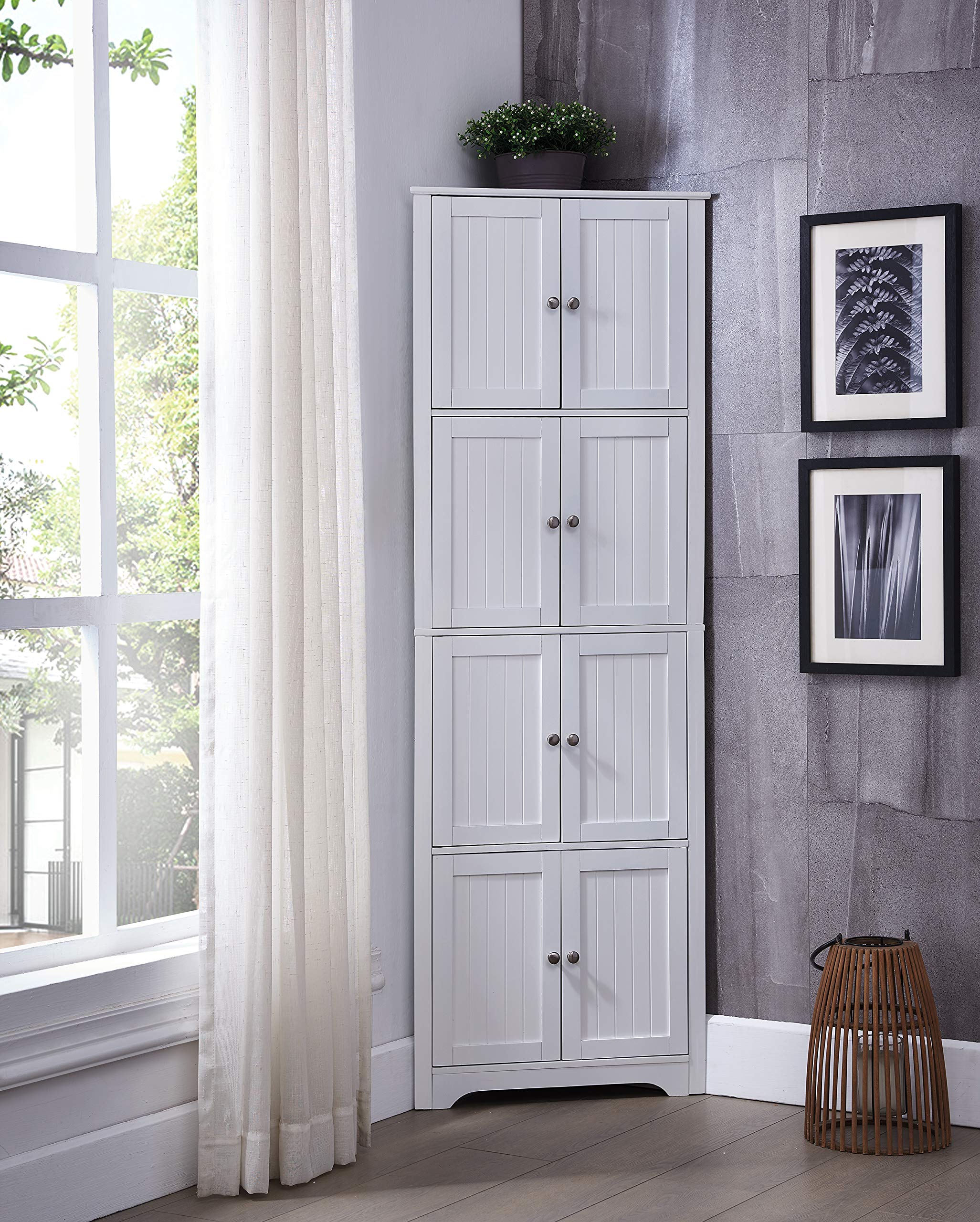KB Designs - 4-Tier Tall Corner Kitchen Pantry Storage Cabinet with 8 Doors, White - Perfect for Small Space Organization in Kitchen, Bathroom or Laundry Room