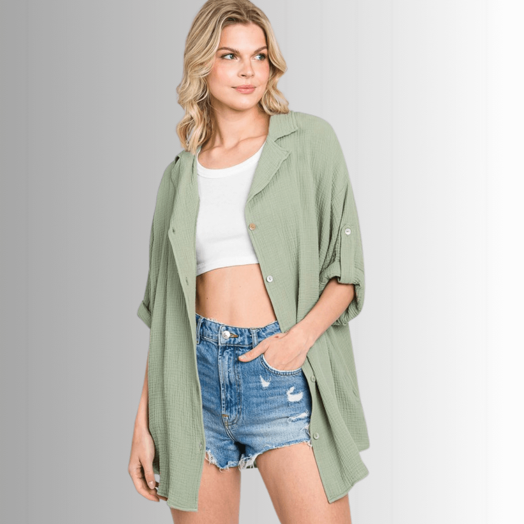 Rachel Slouchy Cotton Gauze Button Down Shirt for Women - Soft & Breathable Casual Blouse for Everyday Wear, Office, and Weekend Outings