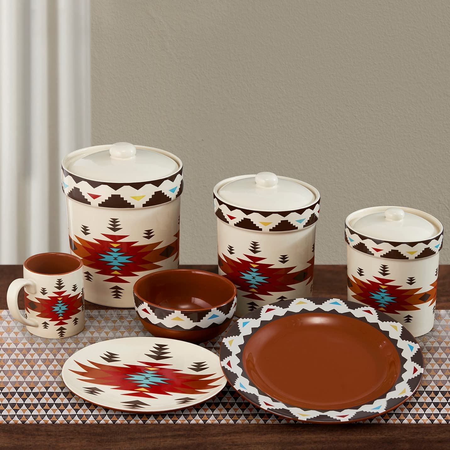 HiEnd Accents Del Sol Aztec 19-Piece Ceramic Dinnerware Set - Plates, Bowls, Mugs & Canisters - Southwestern Rustic Cabin Lodge Style Dinnerware for Home, Restaurant & Outdoor Dining