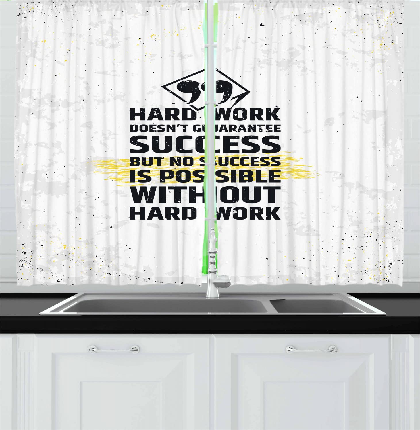 Ambesonne Inspirational Kitchen Curtains - Hard Work Success Grunge Typography, 2 Panels with Rod Pocket, 55x45 Inches, Yellow Black White - Perfect for Farmhouse, Cafe & Office Decor
