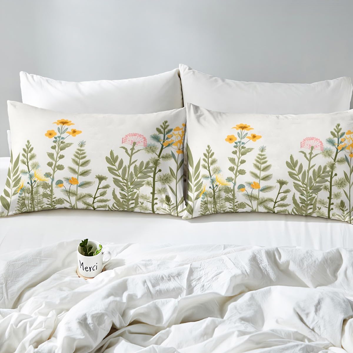 Feelyou Floral Bed Sheet Set 2-Piece - Botanical Green Plant Printed Sheets with Wild Flower & Branch Design, Includes 1 Pillowcase, Twin Size - Perfect for Spring Bedroom Decor & Guest Room Styling