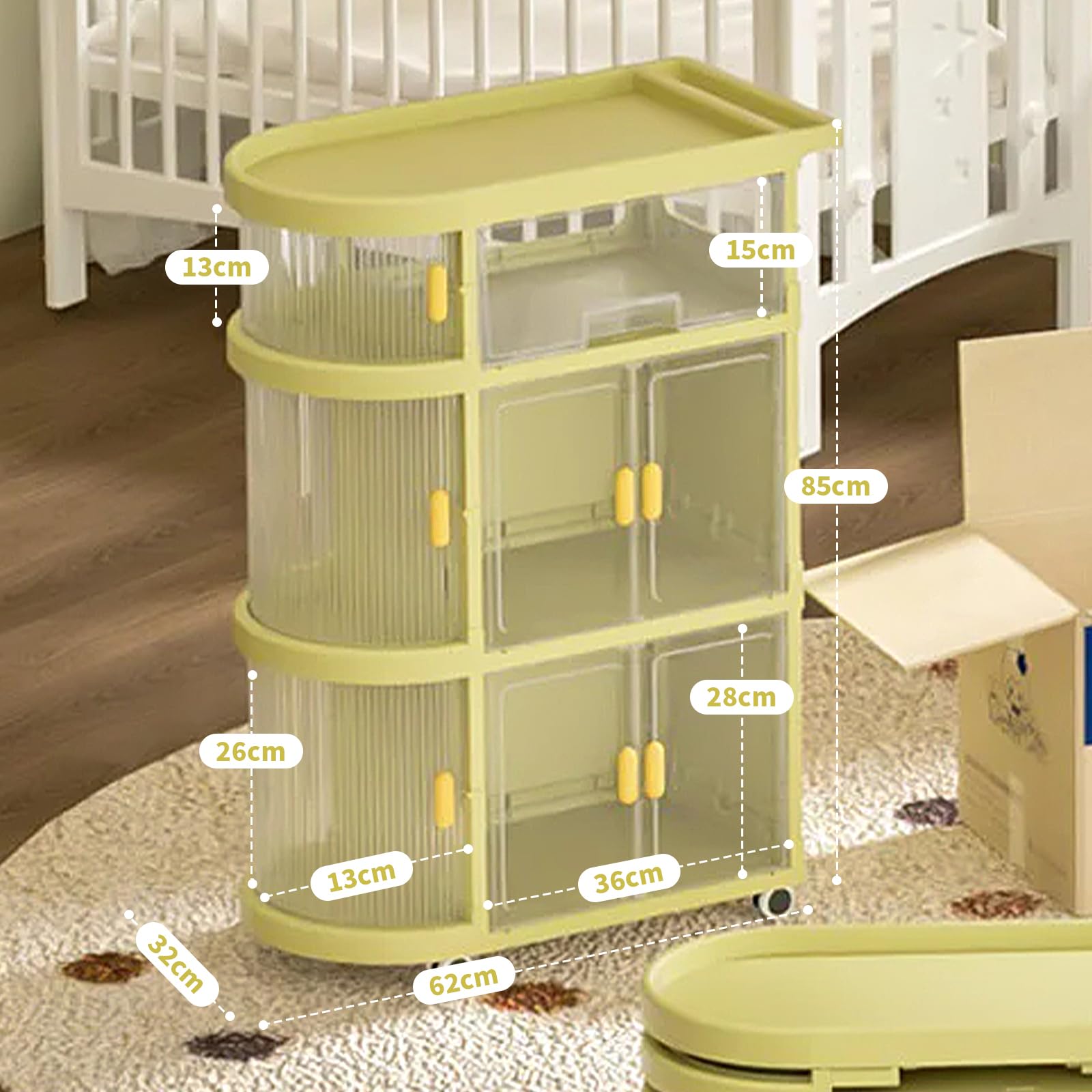 ASHAMX1 Baby Cart Organizer - 3-Tier Rolling Diaper Caddy with Wheels & Drawers, Portable Nursery Storage for Diapers, Wipes, Toys - Perfect for Nursery, Bedroom & On-the-Go Parents