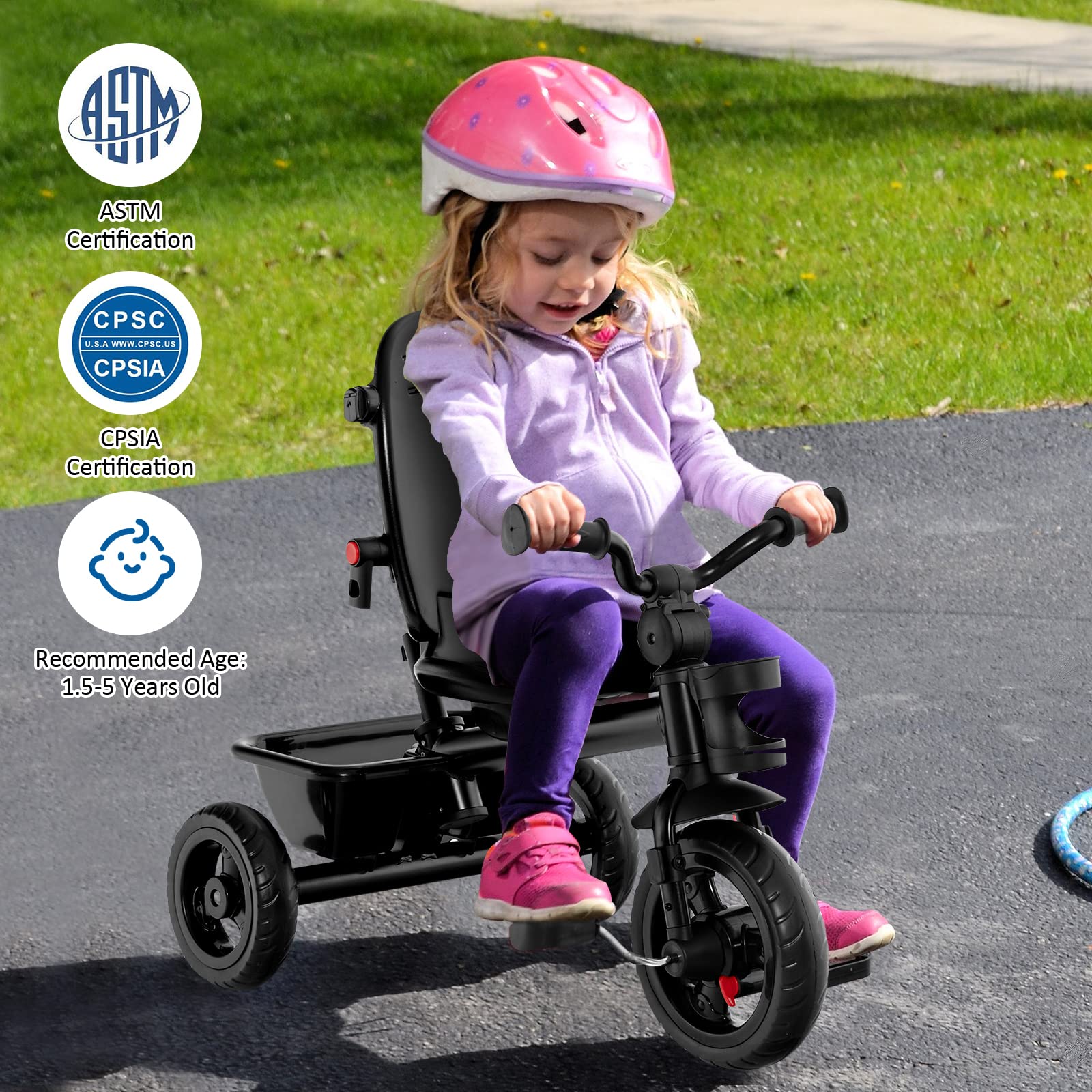 BABY JOY 5-in-1 Toddler Tricycle with Removable Push Handle, Reversible Seat & Adjustable Canopy - EVA Wheels, Cup Holder & Storage - Perfect First Bike for Kids 1.5-5 Years Old (Grey) - Great for Outdoor Play, Park Rides & Learning Balance