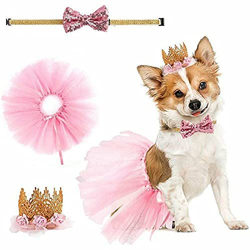 Dog Birthday Crown Hat with Bowknot Collar & Tutu Skirt - Pet Party Costume Outfit for Weddings, Engagements & Holidays | Cute Girl Dog Accessories for Special Occasions & Photo Shoots