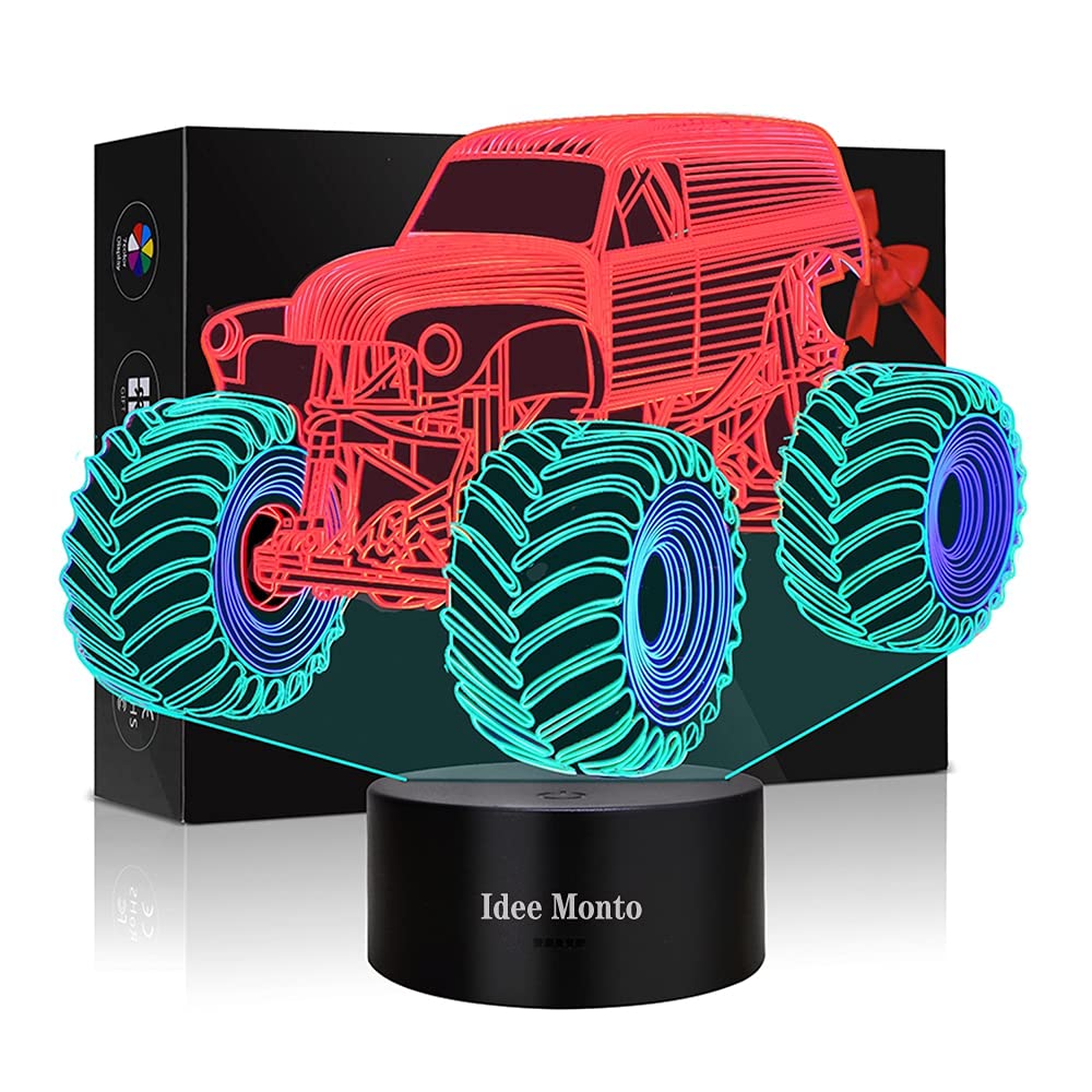 3D Monster Truck Night Light for Kids - Smart Touch LED Lamp with 4 Color Changing Modes, Perfect for Boys' Room Decor & Nursery - Ideal as Birthday Gifts for Toddlers (Use in Bedrooms, Playrooms, or as a Soothing Nightlight)