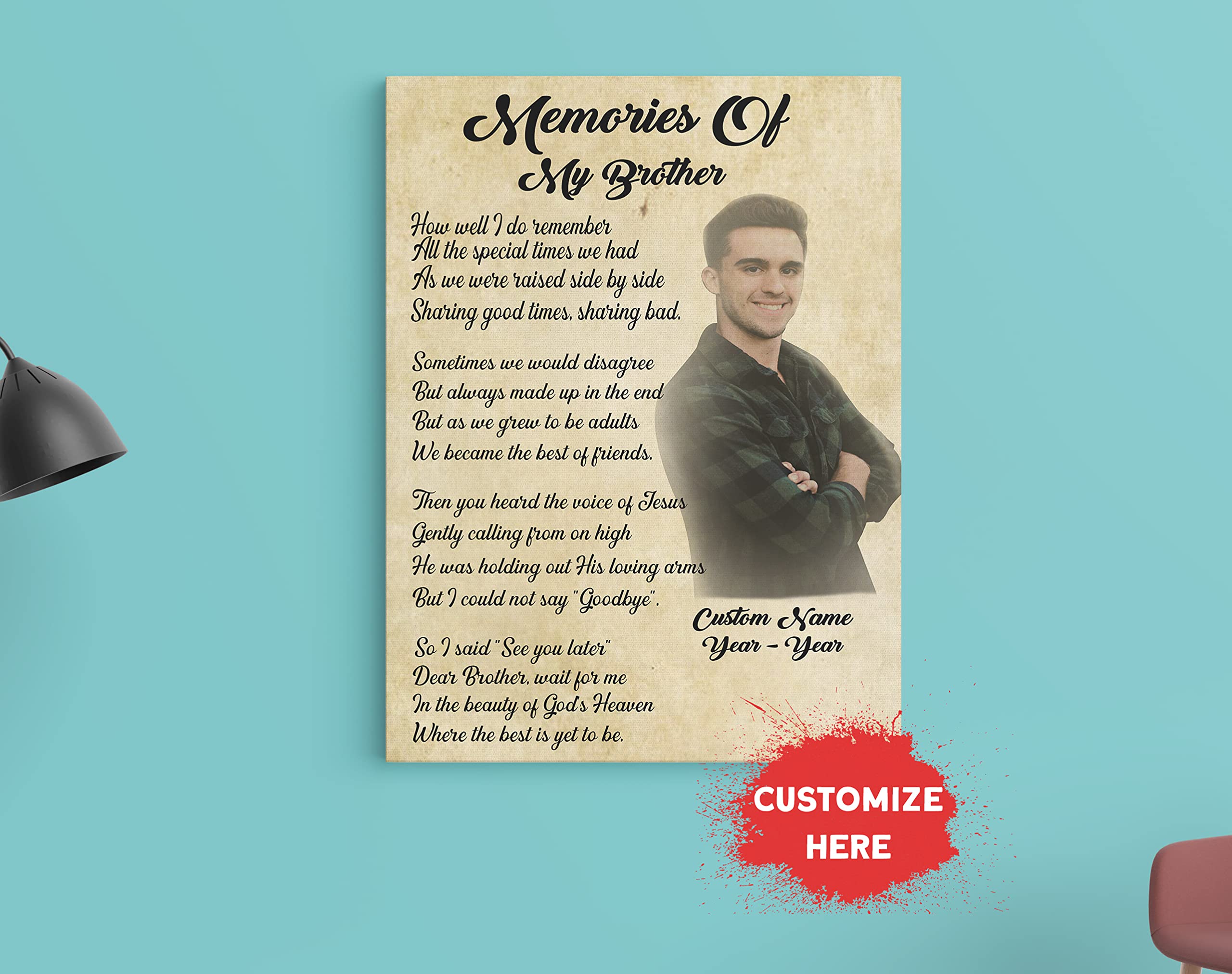 Personalized Memorial Canvas for Brother - Sympathy Gift in Memory of Lost Brother, Bereavement Keepsake, Condolence Present - 12x16 Inch - Perfect for Home Memorial, Funeral Tribute & Grieving Comfort