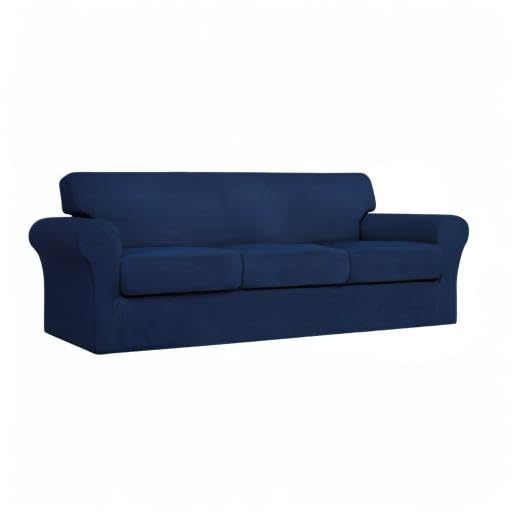 4-Piece Stretch Sofa Cover for Pets & Kids - Washable Jacquard Fabric Elastic Couch Slipcover Protector Fits 3-Cushion Couches (Navy Blue) - Perfect for Pet Owners, Families with Children & Furniture Protection