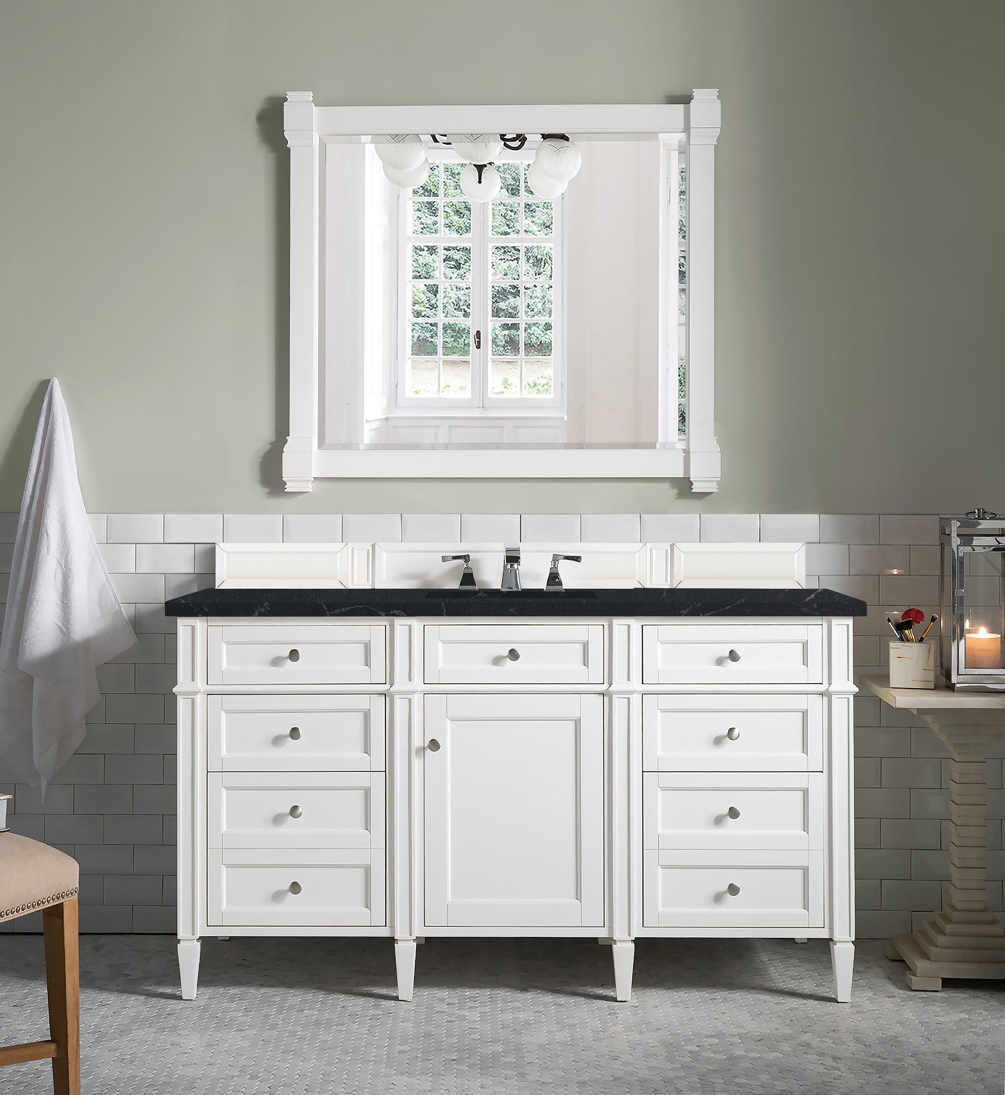 Brittany 60-Inch Bright White Bathroom Vanity with 3CM Charcoal Soapstone Quartz Countertop - Modern Single Sink Vanity for Master Bathroom or Powder Room Renovation