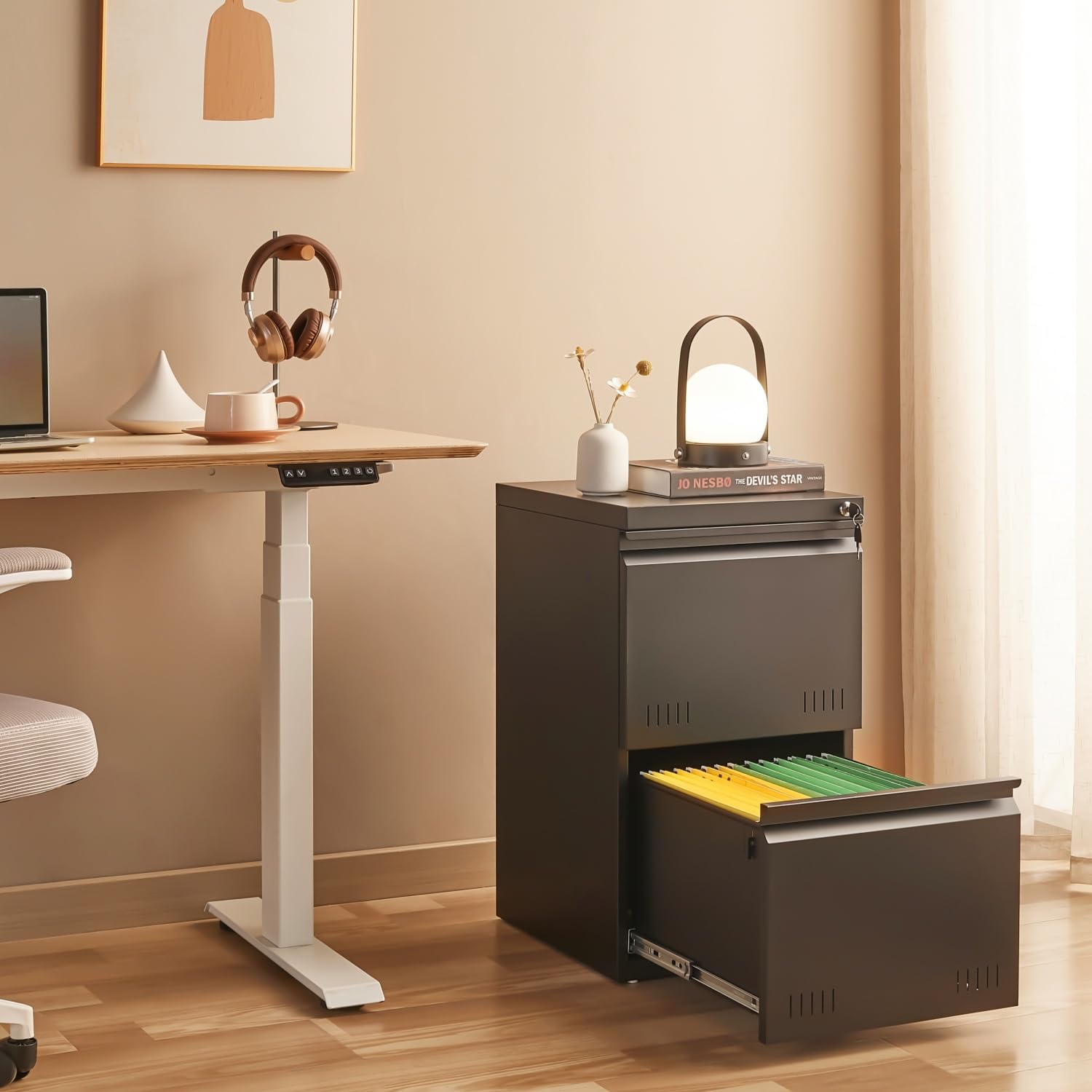 2 Drawer File Cabinet for Home Office - Lockable Vertical Storage Cabinet, Printer Stand & Under Desk Organizer for A4/Letter/Legal Size Documents | Easy Assembly Black Filing Cabinet | Perfect for Office, Study & Small Space Organization