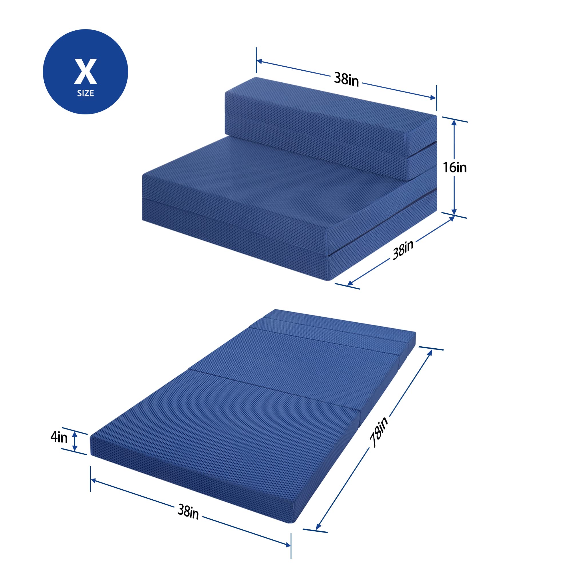 Olee Sleep 4 Inch Tri-Folding Memory Foam Mattress Topper with Gel Infusion - CertiPUR-US Certified, Washable Cover, Twin XL Size - Perfect for Camping, Guest Beds & Temporary Sleeping Solutions (Soft, Blue)