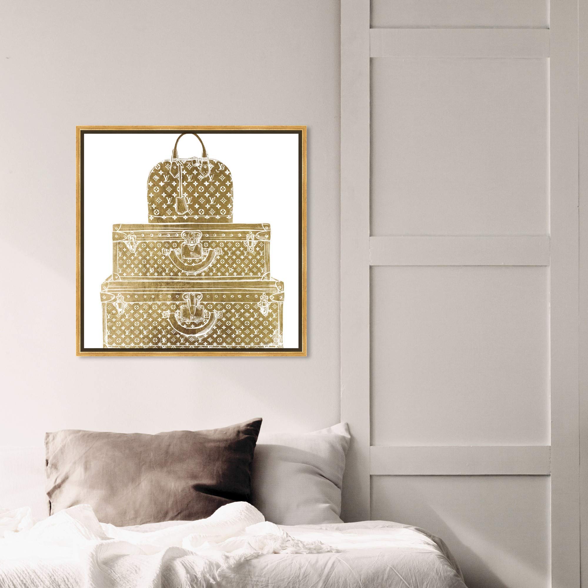 Oliver Gal Artist Co. Royal Bag & Luggage Diecut Framed Wall Art - 24x24 Inch Gold & White Canvas Print - Fashion Glam Home Decor for Living Room, Bedroom & Office