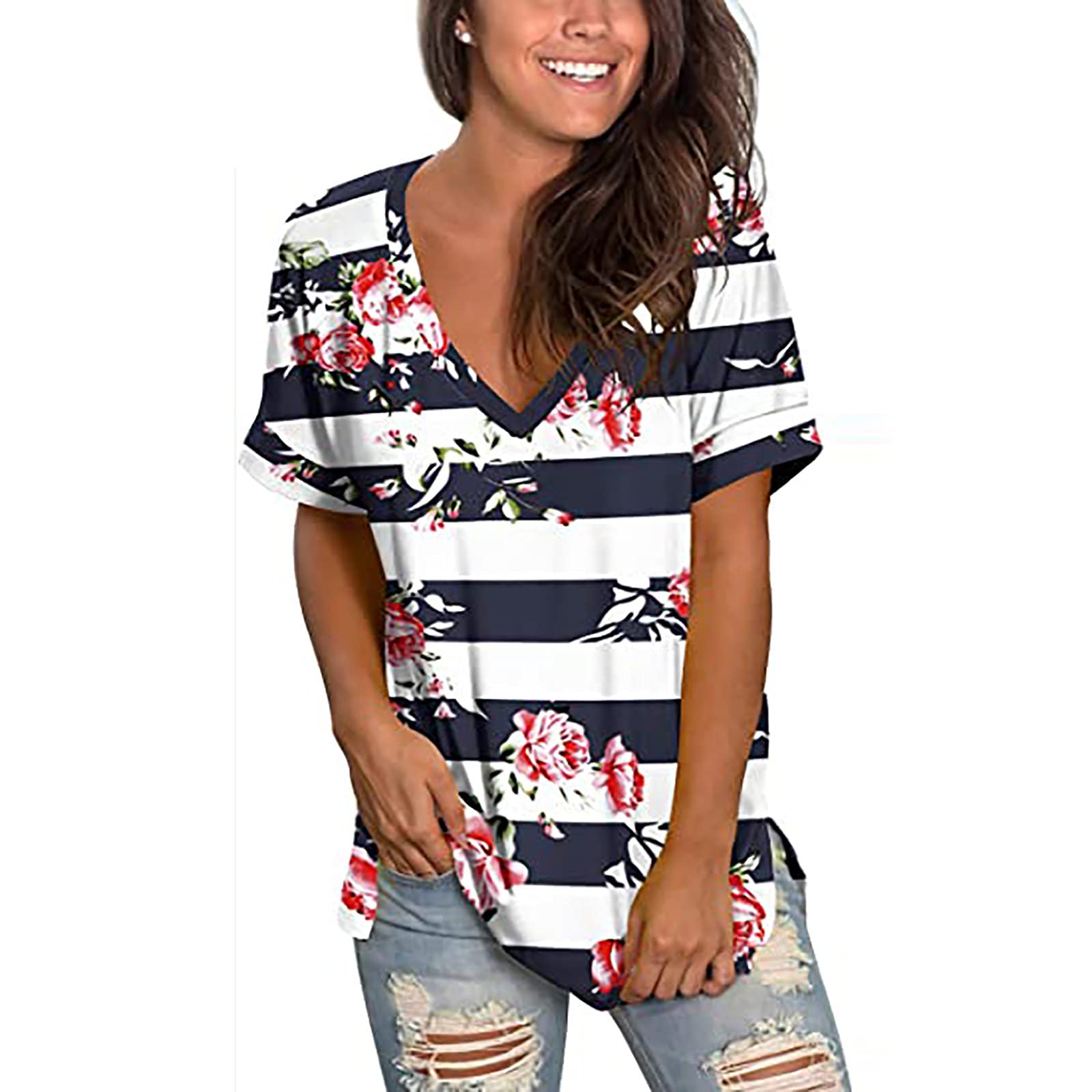 Women's Summer Gradient V-Neck T-Shirt - Casual Loose Fit Tunic Top with Short/Long Sleeve Options | Perfect for Beach Outings, Vacation Wear & Everyday Comfort