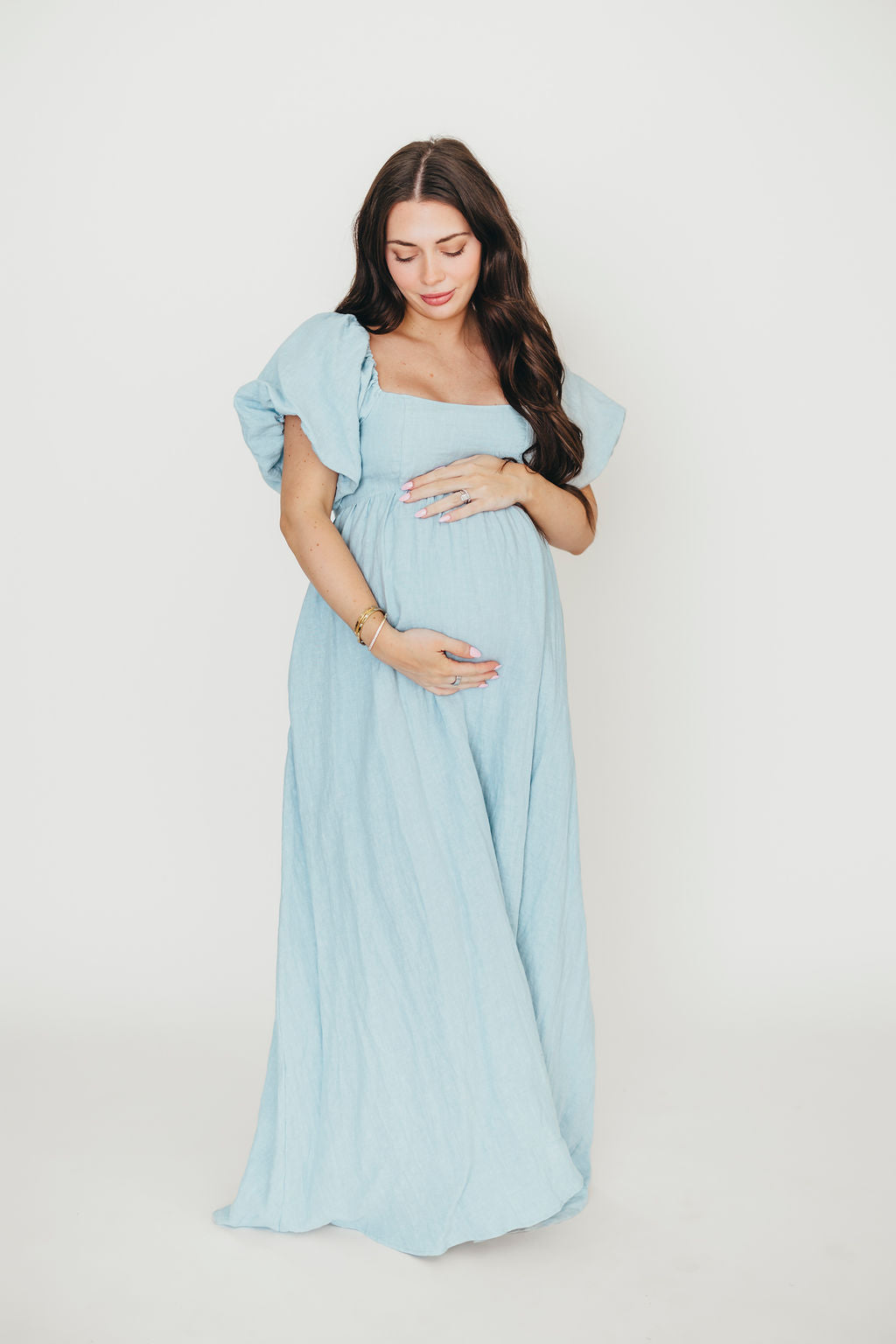 Candace Maxi Dress in Light Blue | 100% Linen Maternity Dress | Bump Friendly & Comfortable | Perfect for Summer, Beach, and Casual Outings